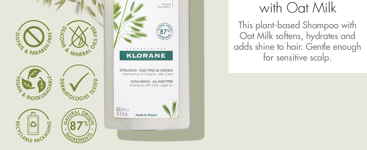 Klorane Ultra-Gentle Shampoo with Oat Milk - Sulfate-Free - Dermatologist and Pediatric Tested - Hypoallergenic, Vegan, Plant-Based Fomula - High Tolerance Formula for Whole Family - 13.5 fl. oz.