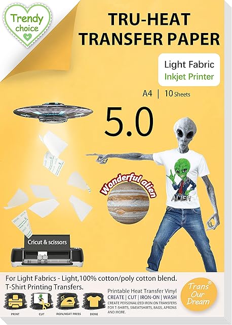 TransOurDream Tru-Heat Transfer Paper Inkjet Alien Series 10 Sheets A4 for Light Fabric & White T-Shirts Iron On Transfer Paper Printable Vinyl Htv Personalised T-Shirts Printing (TOD-05-10)