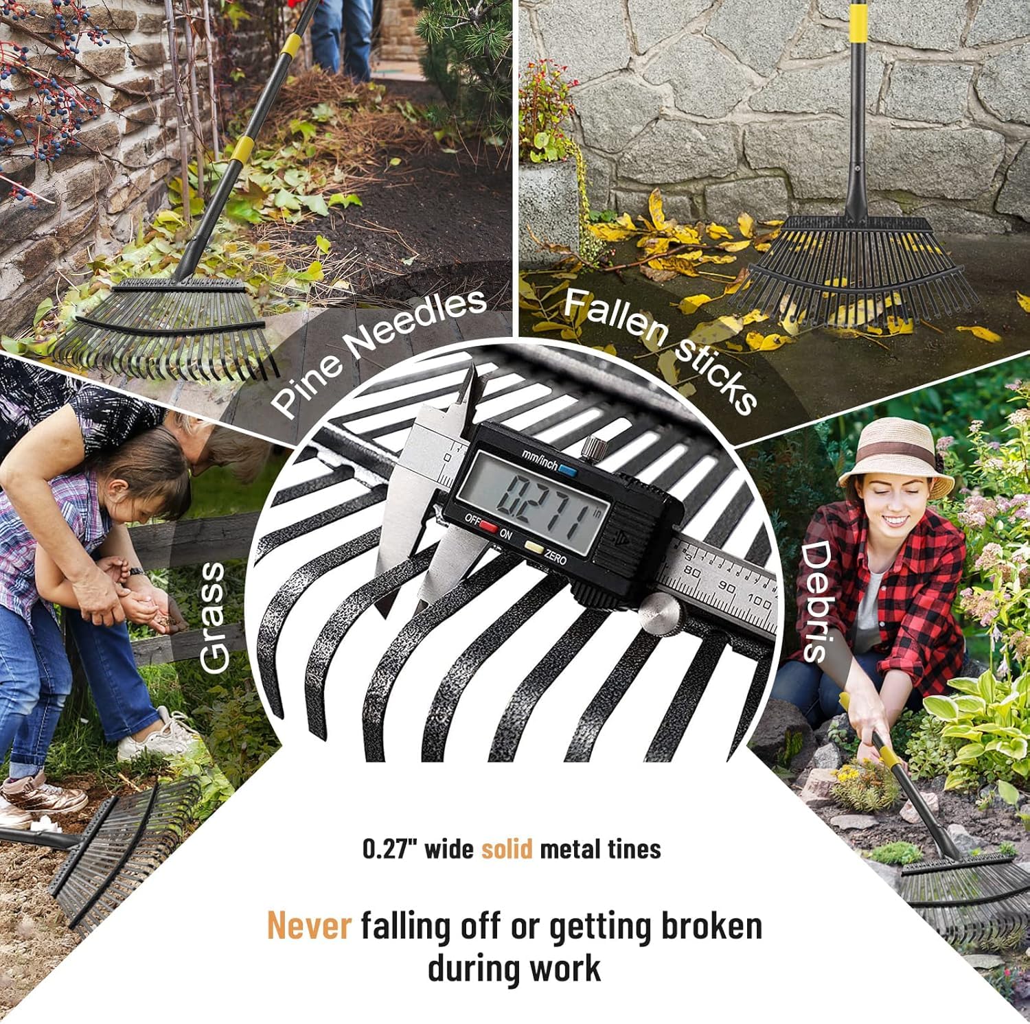Gartenrechen für Blätter – robuste Metall-Laubbesen für Hof, Rasen, Strauch, Gras, Mulch, 21,6 cm Kleiner Kopf, 1,8 m Verstellbarer Griff für Kinder und Erwachsene