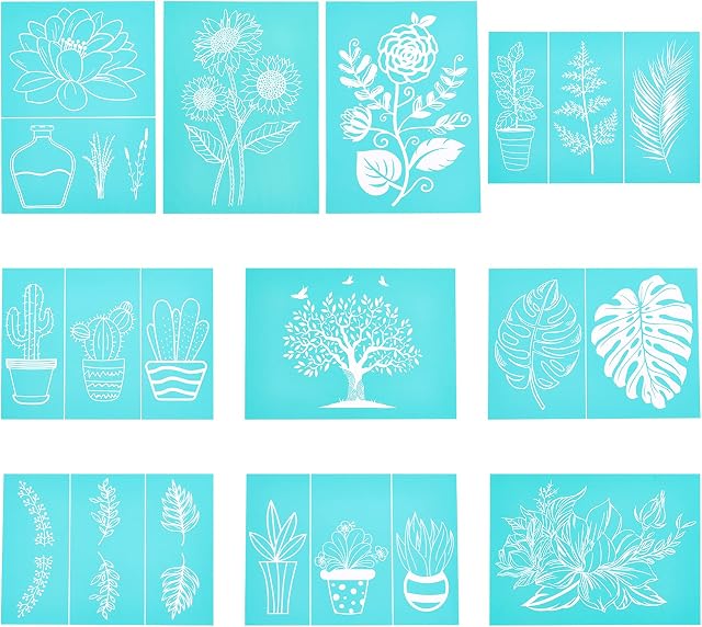 OLYCRAFT 10pcs Self-Adhesive Silk Screen Printing Stencil Plant Theme Reusable Pattern Stencils for Painting on Wood Fabric T-Shirt Wall and Home Decorations