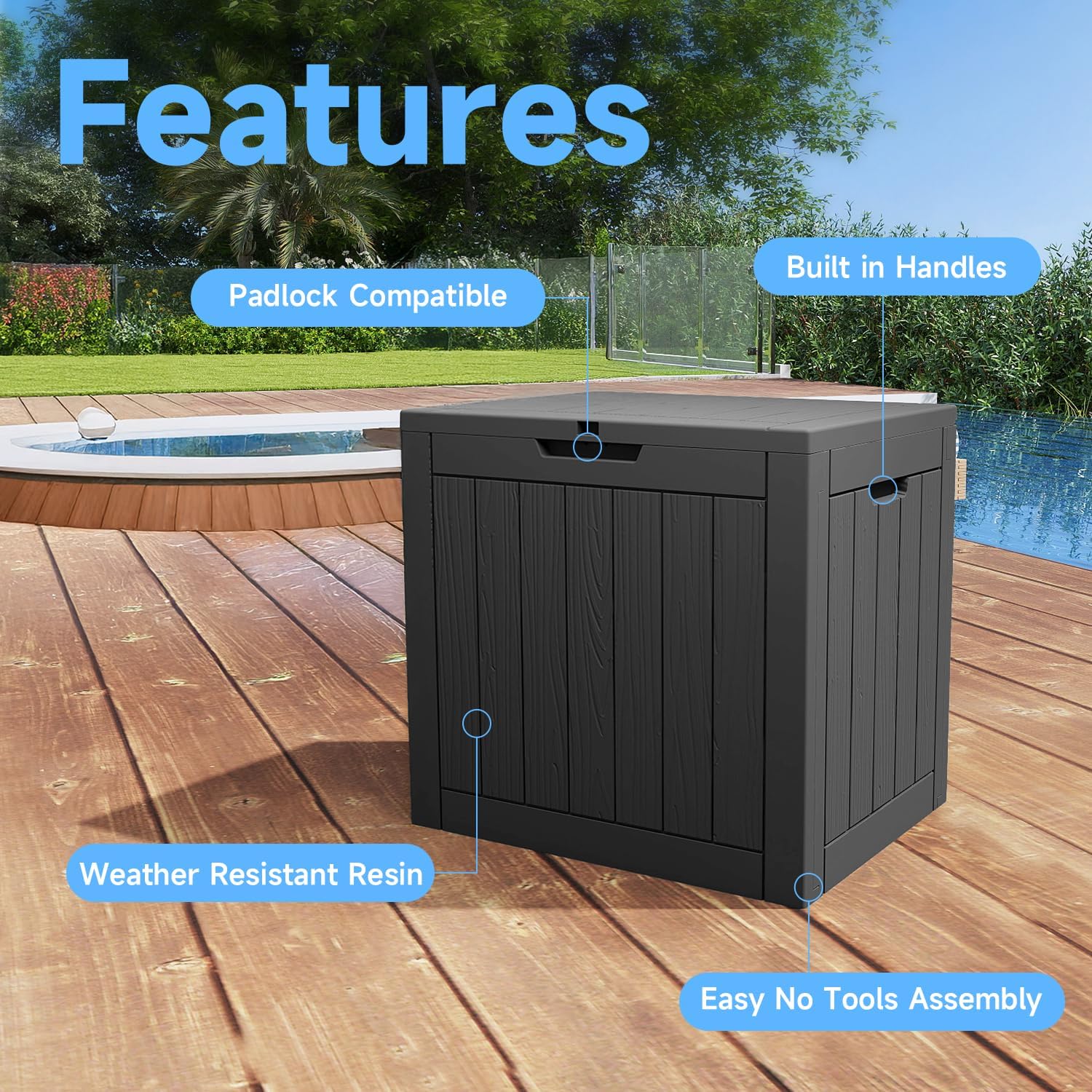 DRATO 30 Gallon Outdoor Storage Deck Box – Waterproof Resin Lockable Box with Lid for Patio Cushions, Furniture, Garden Tools and Pool Accessories (Black)