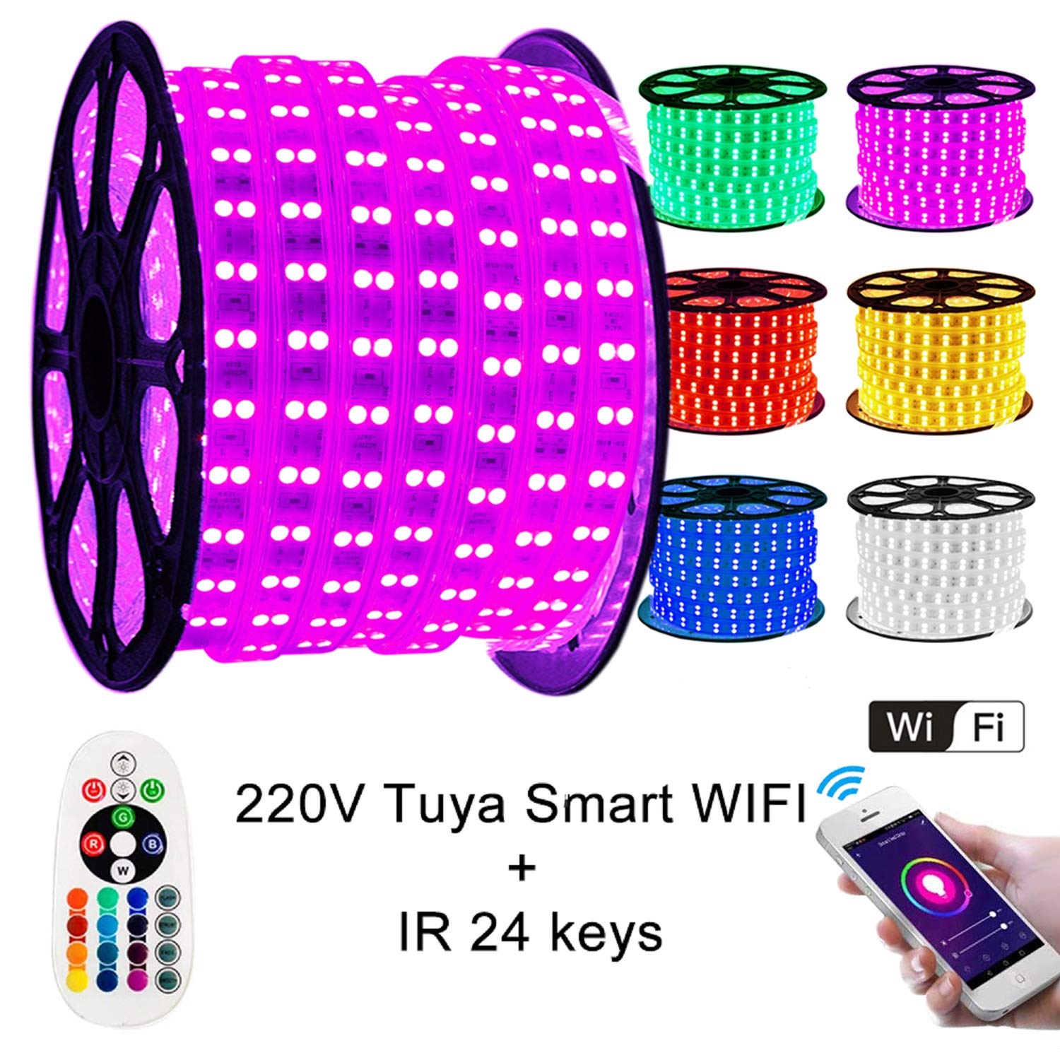 XUNATA Tira de LED WiFi RGB 220V, Impermeable y Flexible, Música Teléfono Inteligente / 1500W Control Remoto/Aplicación Alex Google Assistant (15 metros, 120LEDs/m)