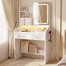 IRONCK Dressing Table with LED Mirror & RGB Lighting Makeup Table with Sliding Door Dust Protection Compartment Socket Hair Dryer Holder 5 Drawers Dressing Table for Bedroom 140 x 70 x 40 cm
