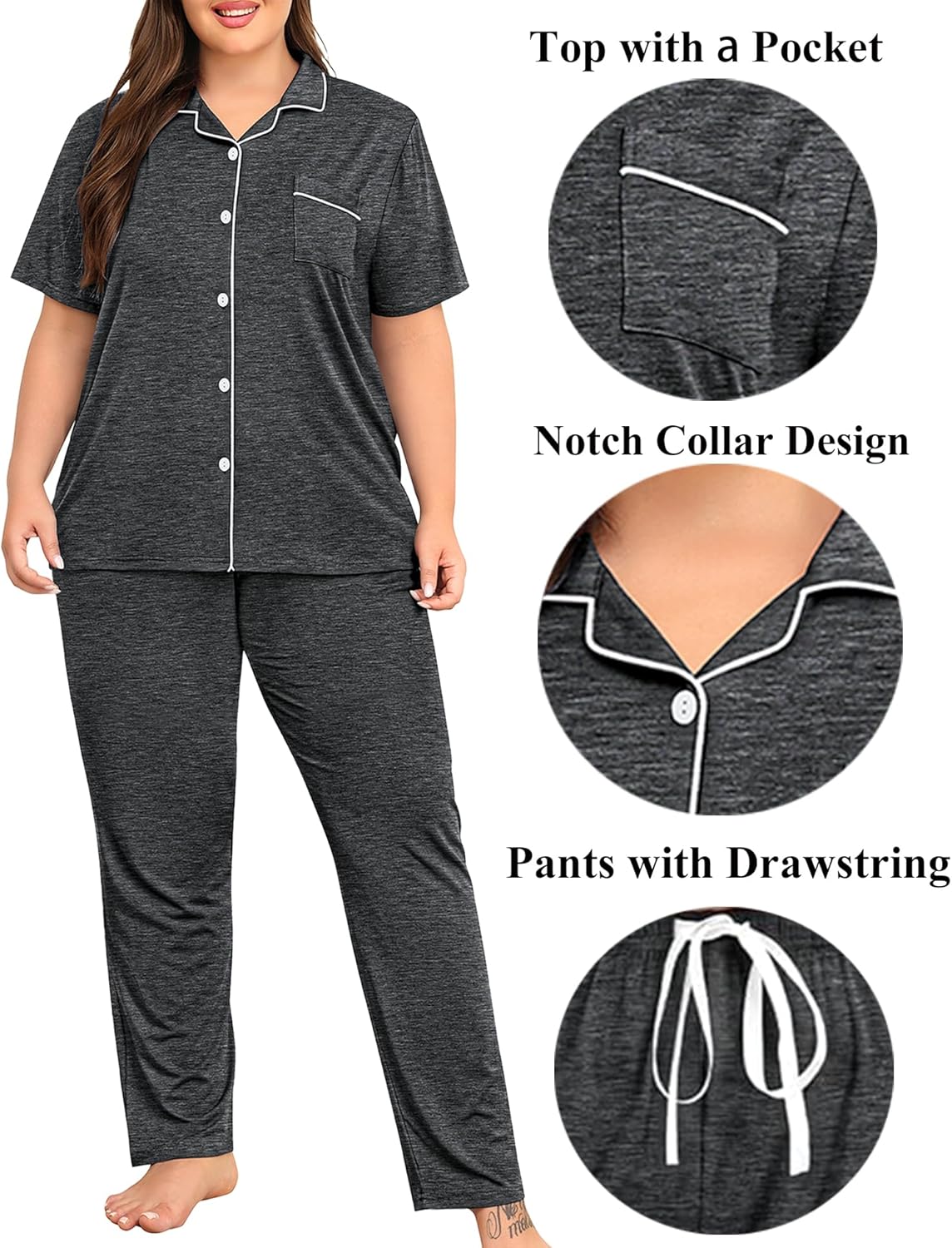 SWOMOG Women's Plus Size Pajama Set Short Sleeve Sleepwear Top and Pants Button Up Pajamas for Women Loungewear - Image 2