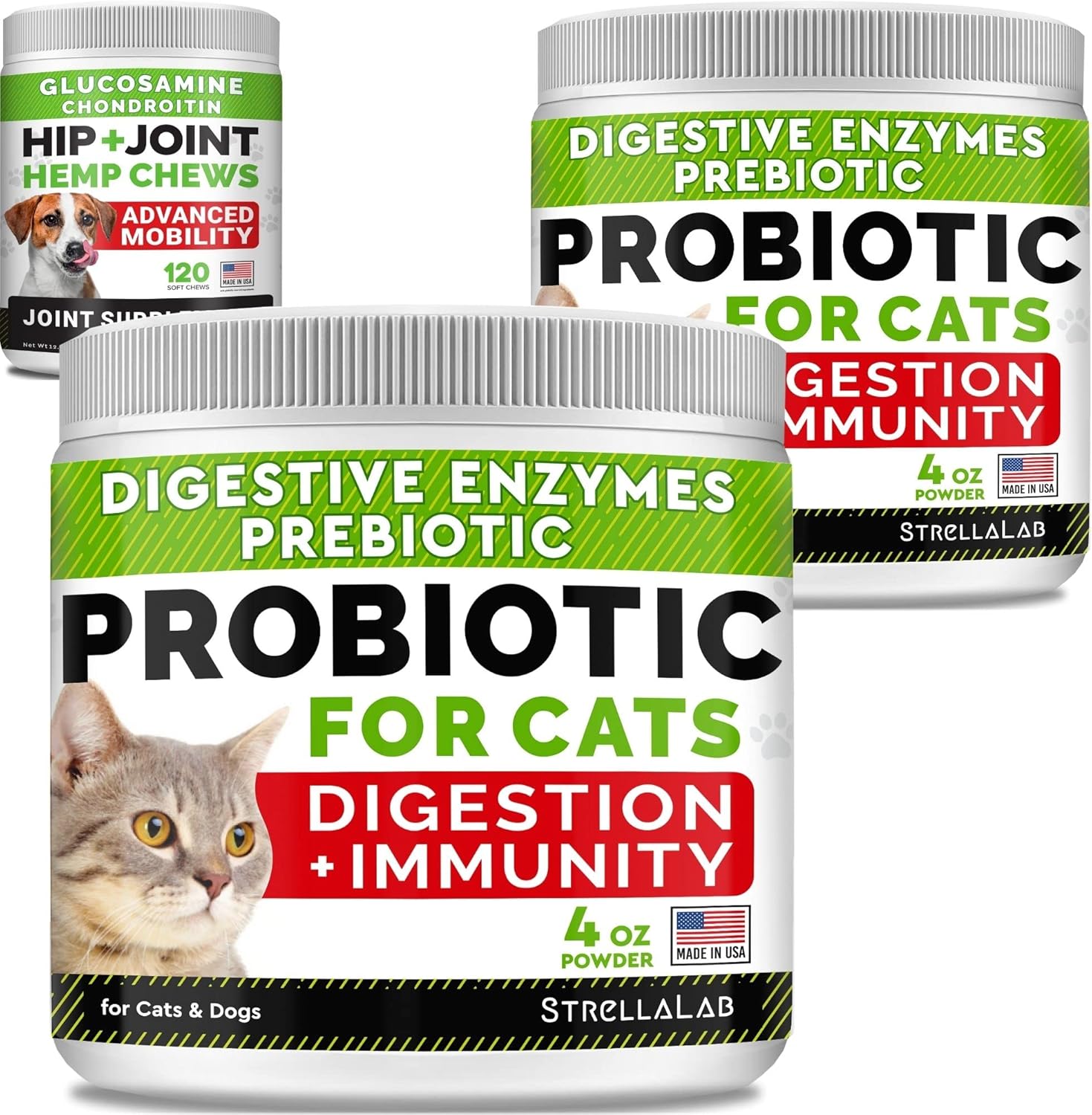 Probiotics Powder + Hemp Glucosamine Treats Bundle - Digestive Enzymes + Prebiotics + Omega 3 - Relieves Diarrhea, Skin Allergy + Hip & Joint Care - 4oz (Pack of 2) + 120 Ct - Made in USA