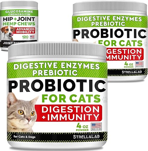 Paquete de probióticos en polvo + glucosamina de cáñamo, enzimas digestivas + prebióticos + Omega 3, alivia la diarrea, la alergia en la piel + el