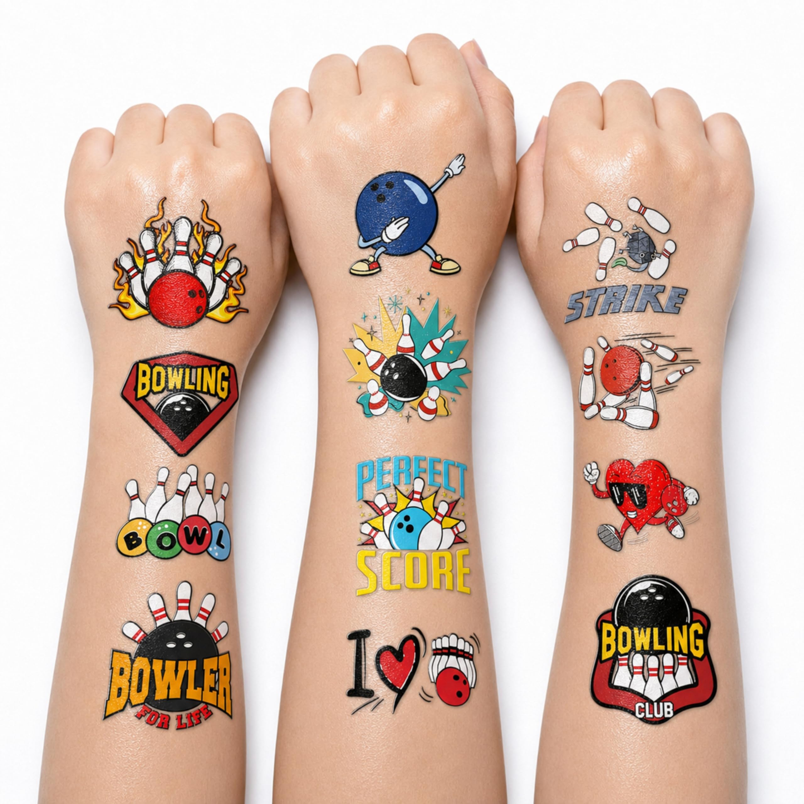 Bowling Temporary Tattoos for Kids, 96 Pcs Party Favors