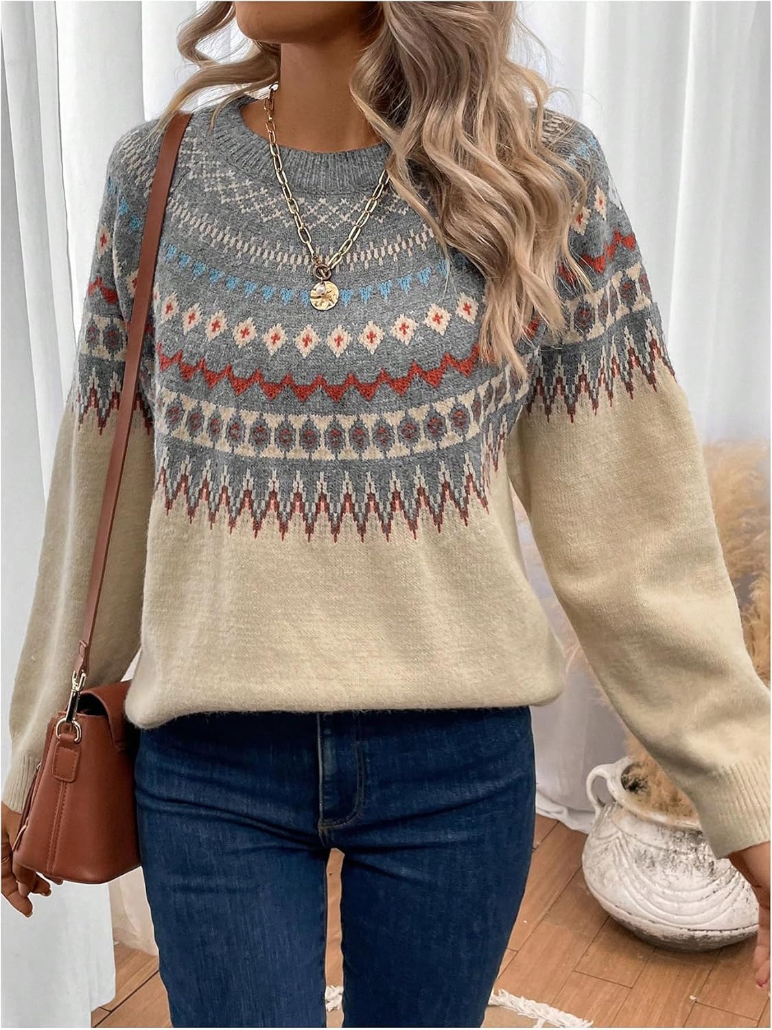 SHENHE Women's Crew Neck Sweater Long Sleeve Aztec Geometric Fall Sweater Soft Knit Pullover