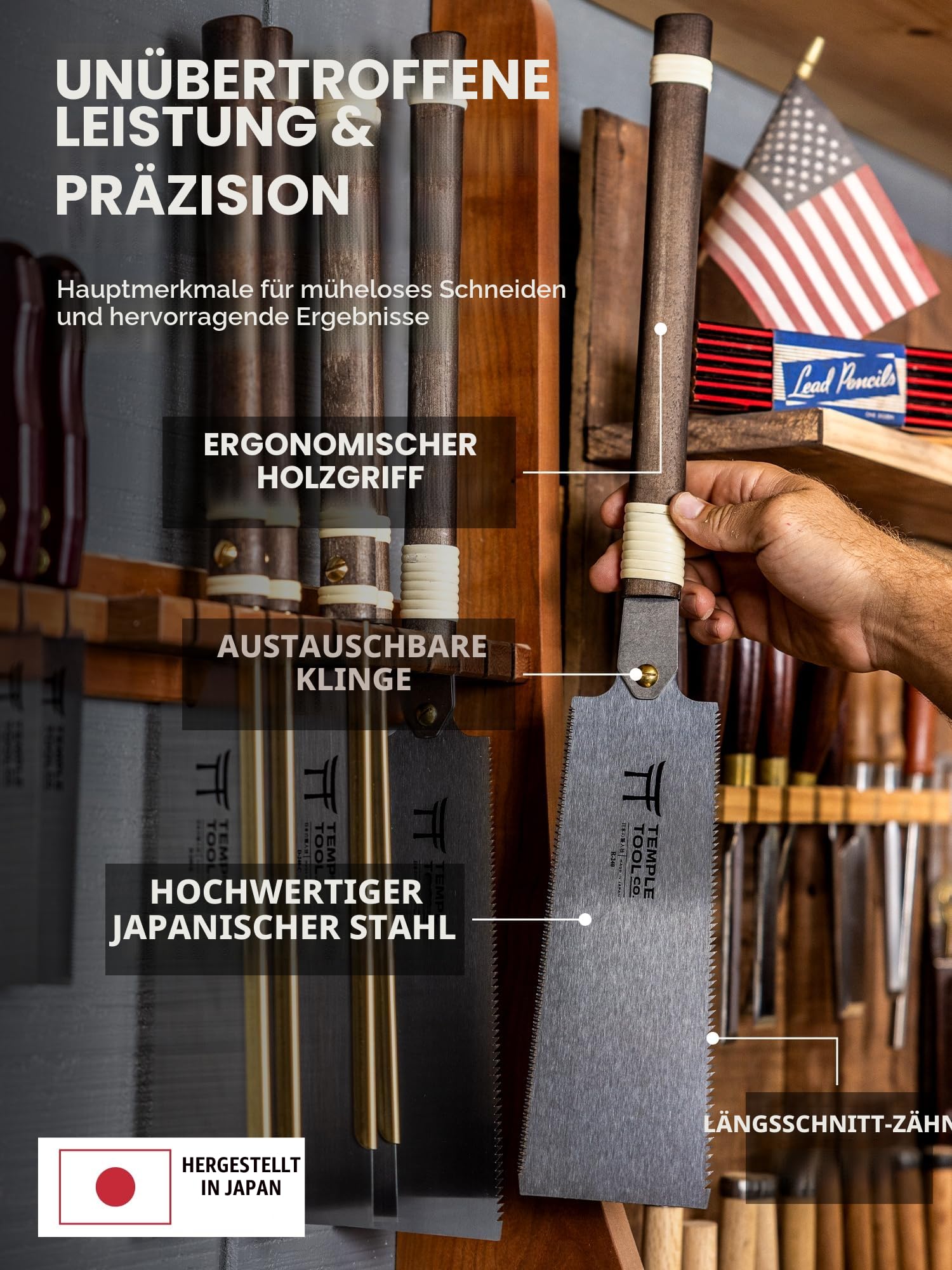 Temple Tool Co. Japanische Handsäge Ryoba 9,5 mm Längs- und Querschnitt Holzsäge