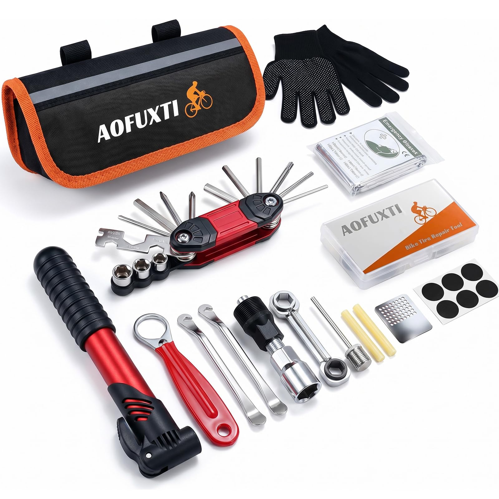14-Piece Bike Repair Kit with Tire Pump, Portable and Durable
