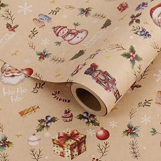 RayofSun Kraft Christmas Wrapping Paper Roll 17 in x 16.5 ft, Vintage Santa Claus, Snowmen, Nutcrackers Holly Wreath Gift Wrapping Paper Rolls, Holiday Kids Gift Wrap Paper for Xmas Party