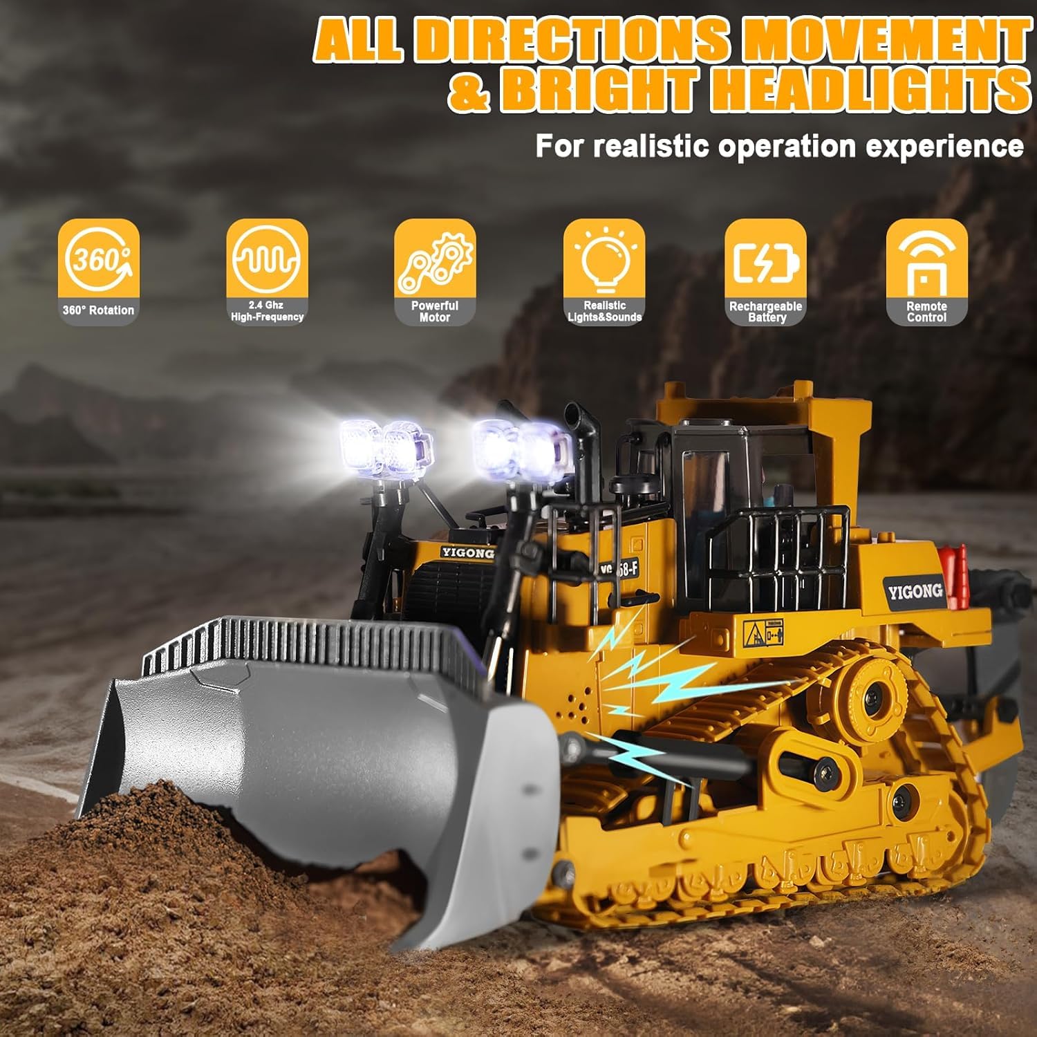 Pihura Remote Control Bulldozer, 9 Channels Metal RC Construction Vehicle Toy with Light Sound and Rechargeable Battery, Remote Controlled Bulldozer Toy Gift for Kids Boys Girls 4-12 (2.4GHz) 2