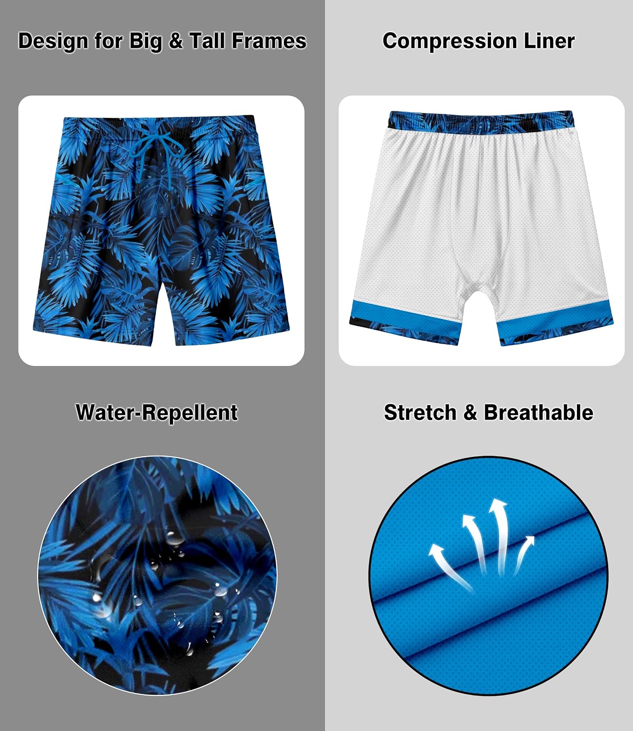 Big and Tall Swim Shorts Men's 10 in Tropical Printing Bathing Suit Breathable Mesh Liner Quick Dry Swimwear