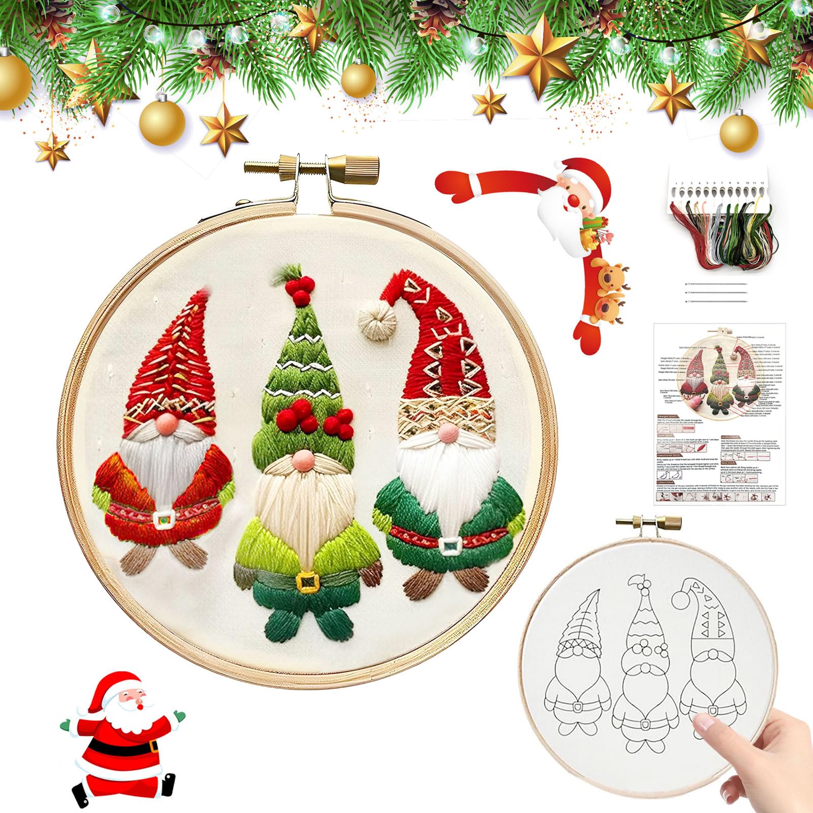 JAMSSOW Christmas Embroidery Kit,DIY Embroidery Needlepoint Supplies Kit for Adults Beginners,Handmade Sewing Craft Set,Christmas Embroidery Kits Crafts Includes Hoop Cloth Needles Threads(B)