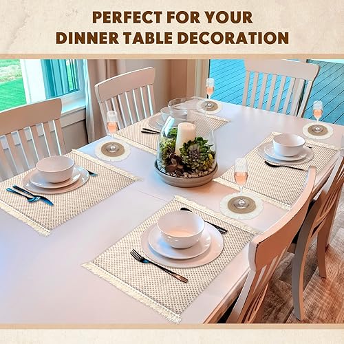 Miniatura 3 de Juego de 13 manteles individuales y posavasos de macramé bohemio, camino de mesa rústico con borlas absorbentes, manteles individuales de arpillera