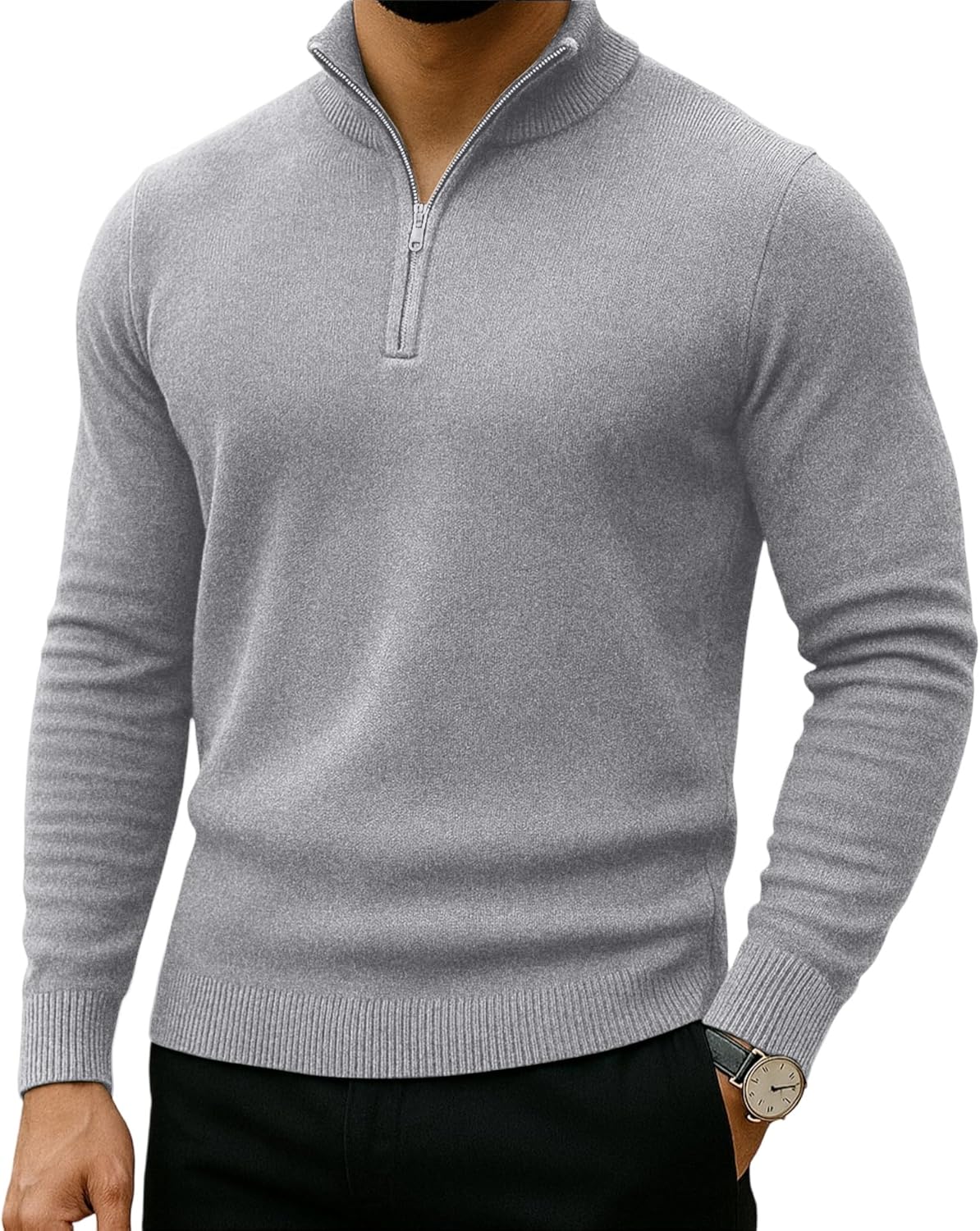 Lexiart Men's Quarter Zip Sweater Casual Mock Neck Pullover Ribbed Knit Polo Sweater