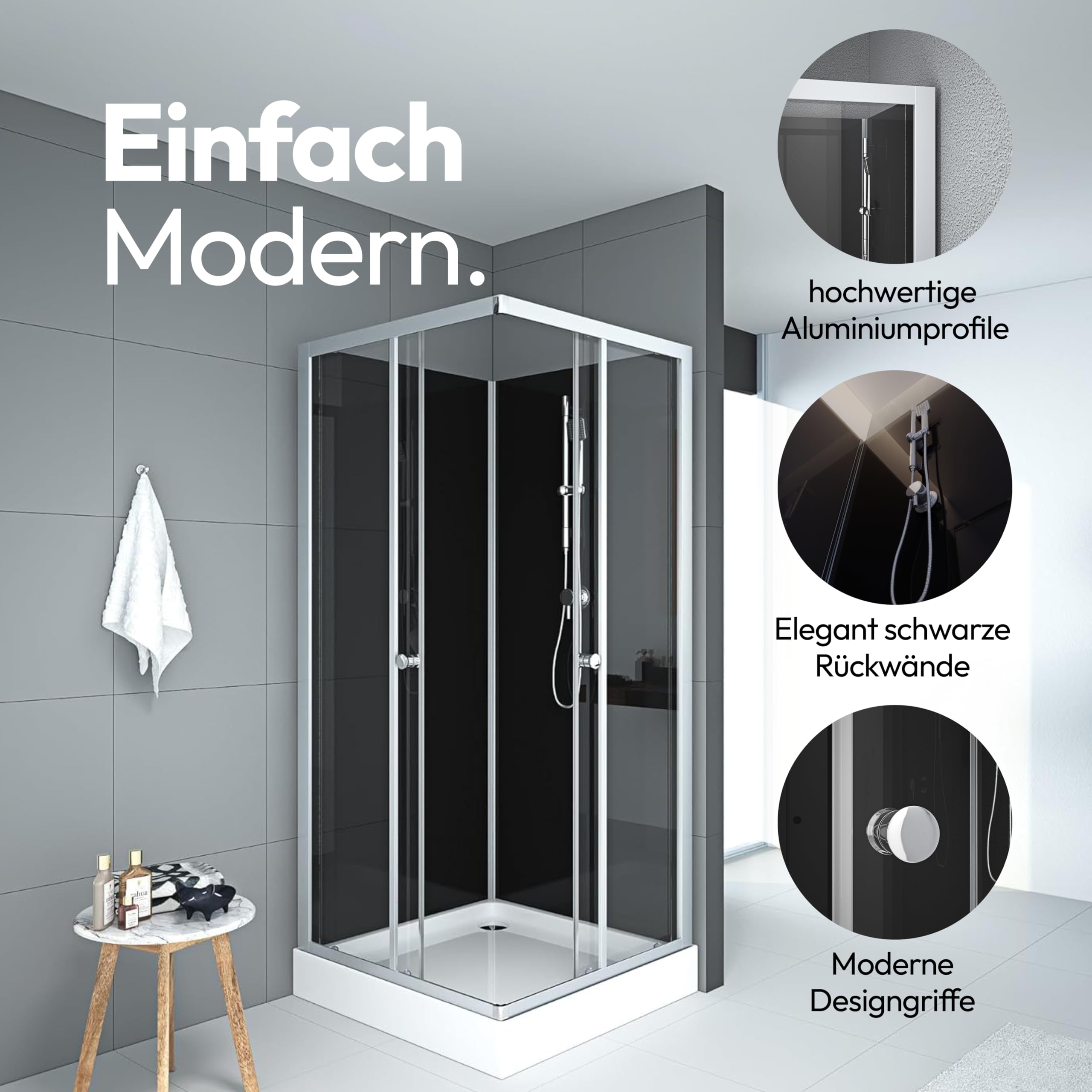 MARWELL Kompletny prysznic Black Reef – kabina prysznicowa 80 x 80 x 195 cm – z eleganckim wejściem narożnym i wygodną wysokością wejścia 15 cm – stylowy kompletny zestaw