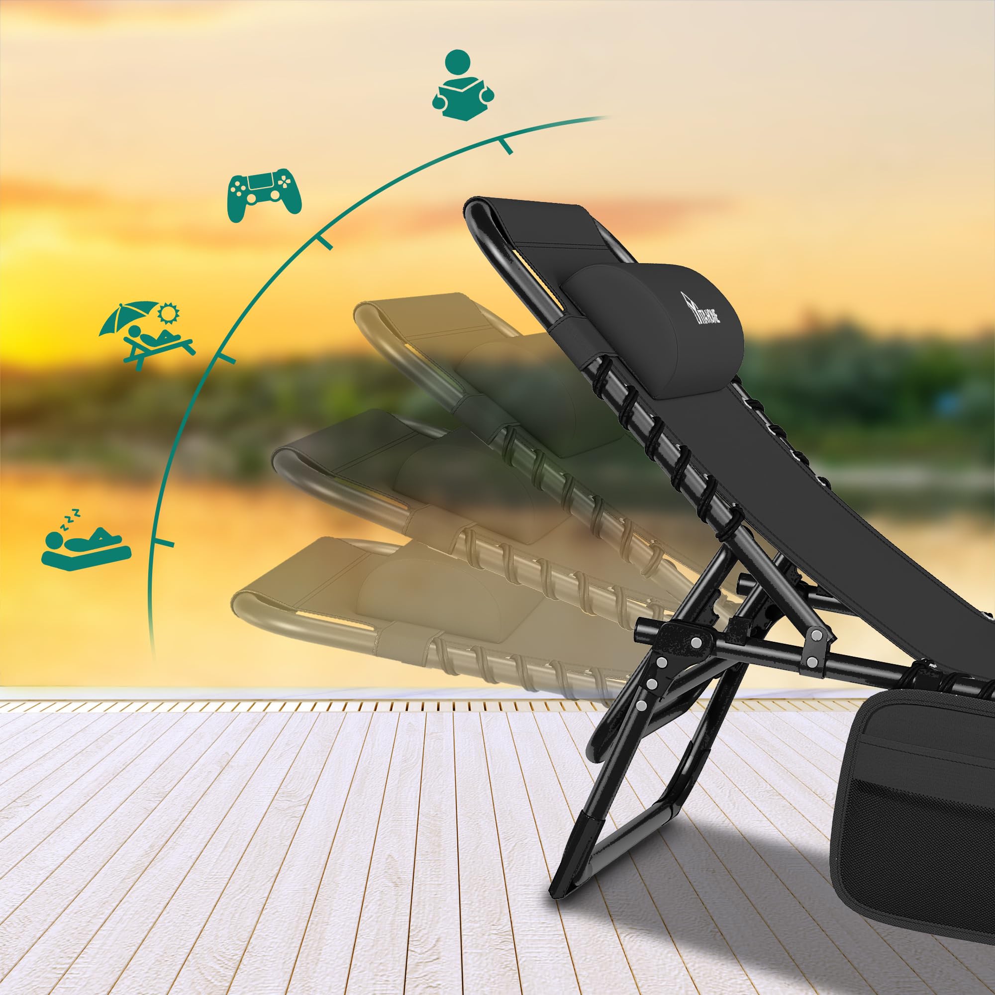 YITAHOME Lettino da Sole Pieghevole Set di 2 Lettino da Spiaggia Regolabile in 4 Posizioni, Lettino Prendisole con Poggiatesta e Tasca Capacità di Carico 300lbs per Giardino, Spiaggia, Campeggio, Nero