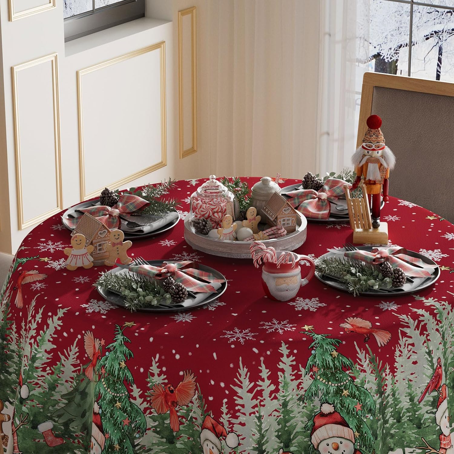 Condition photo showing New/Like New for xchi snowman gingerbread man tree winter tablecloth round christmas table cloth washable table covers for indoor dining home party xmas decorations 70x70 inch 70" (round)