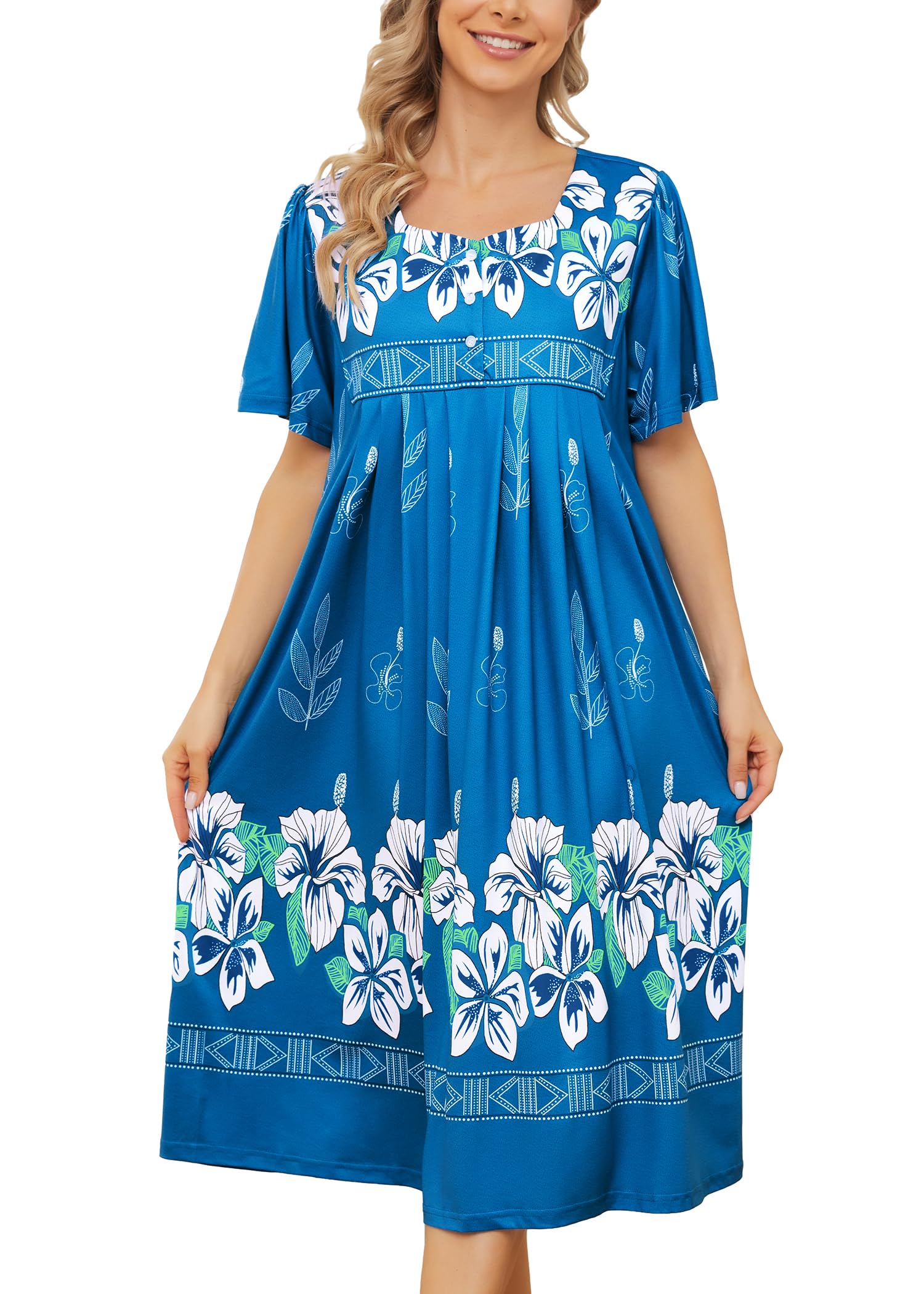 Bloggerlove Nightgown for Women Hawaiian Muumuu House Dress Print Lounger Patio Dress with Pockets Moomoo