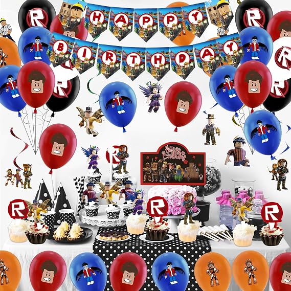 Party Decoration 50PCS Rob-lox Birthday Party Decoration Kids Cartoon Birthday Kit with Latex Balloon Banner Cake Topper Swirls Deco, Boys Girls Rob-lox Party Supplies for Theme Decoration