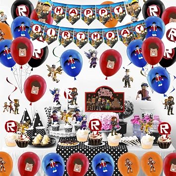 Party Decoration 50PCS Rob-lox Birthday Party Decoration Kids Cartoon Birthday Kit with Latex Balloon Banner Cake Topper Swirls Deco, Boys Girls Rob-lox Party Supplies for Theme Decoration