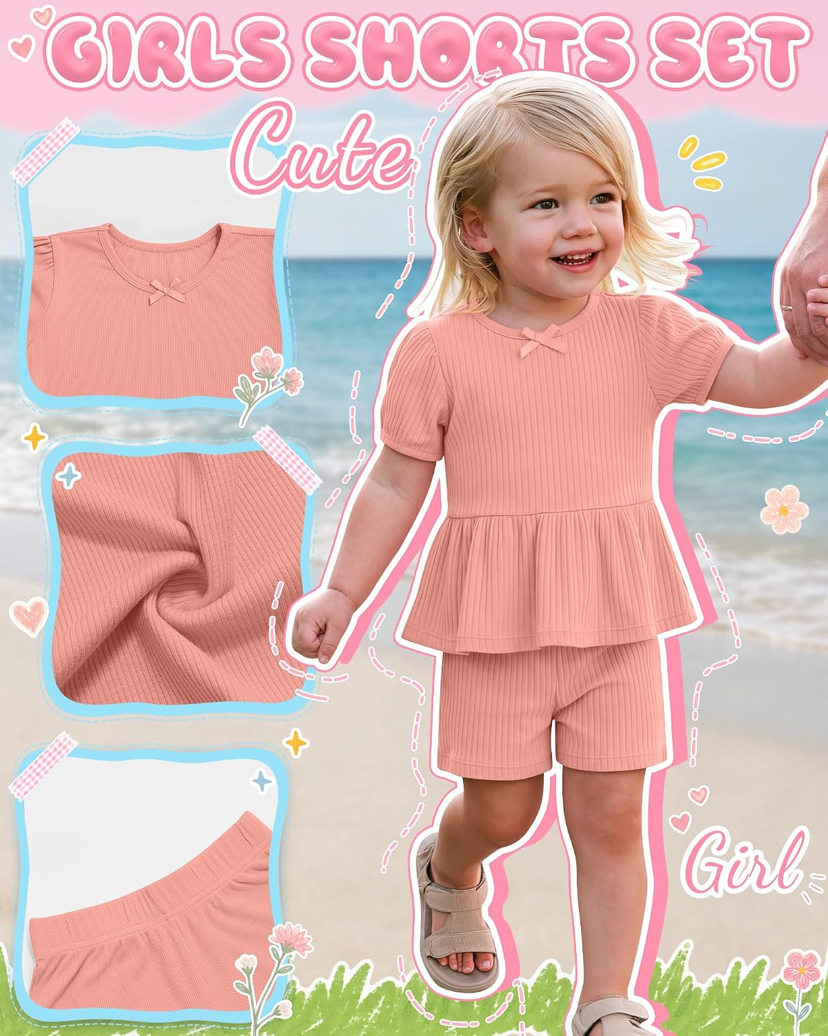 3 Pack Toddler Girls 2 Pieces Summer Outfits Short Sleeve Shirt and Shorts Sets Ribbed Puff Sleeves Cute Clothes
