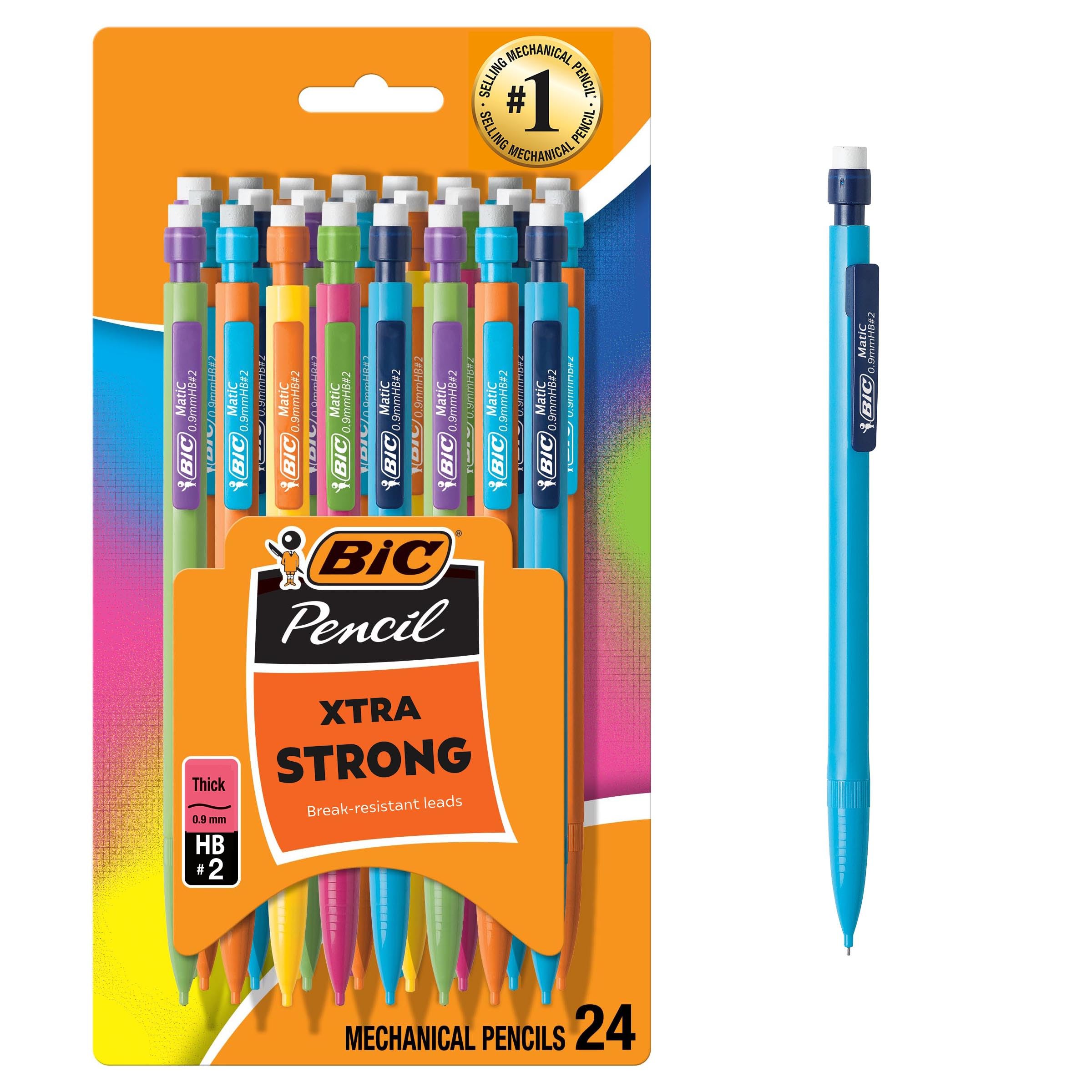 BICXtra Strong Mechanical Pencils with Erasers, Thick Point (0.9mm), 24-Count, Mechanical Pencils for School or Office Supplies