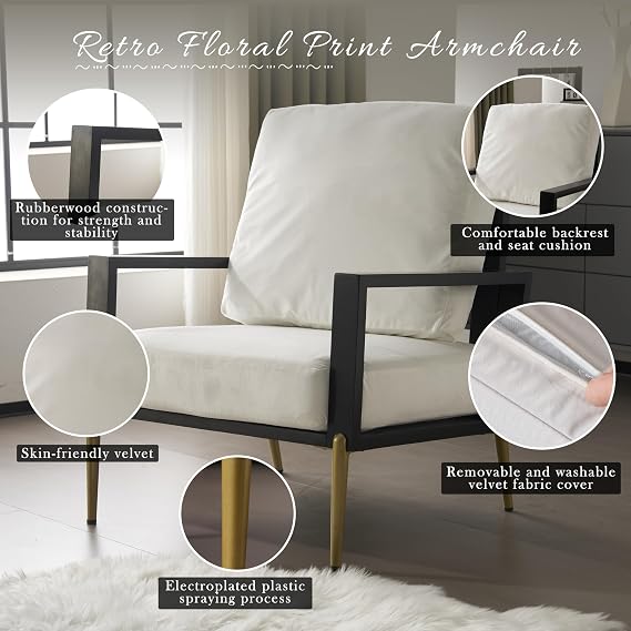Modern Low Back White Upholstered Accent Armchair with Gold Metal Legs & Rubberwood Frame, Chic Wide Armrest Minimalist Lounge Chair with Pillow Back, Single Sofa Chair for Living Room&Balcony, White