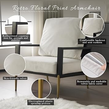 Modern Low Back White Upholstered Accent Armchair with Gold Metal Legs & Rubberwood Frame, Chic Wide Armrest Minimalist Lounge Chair with Pillow Back, Single Sofa Chair for Living Room&Balcony, White