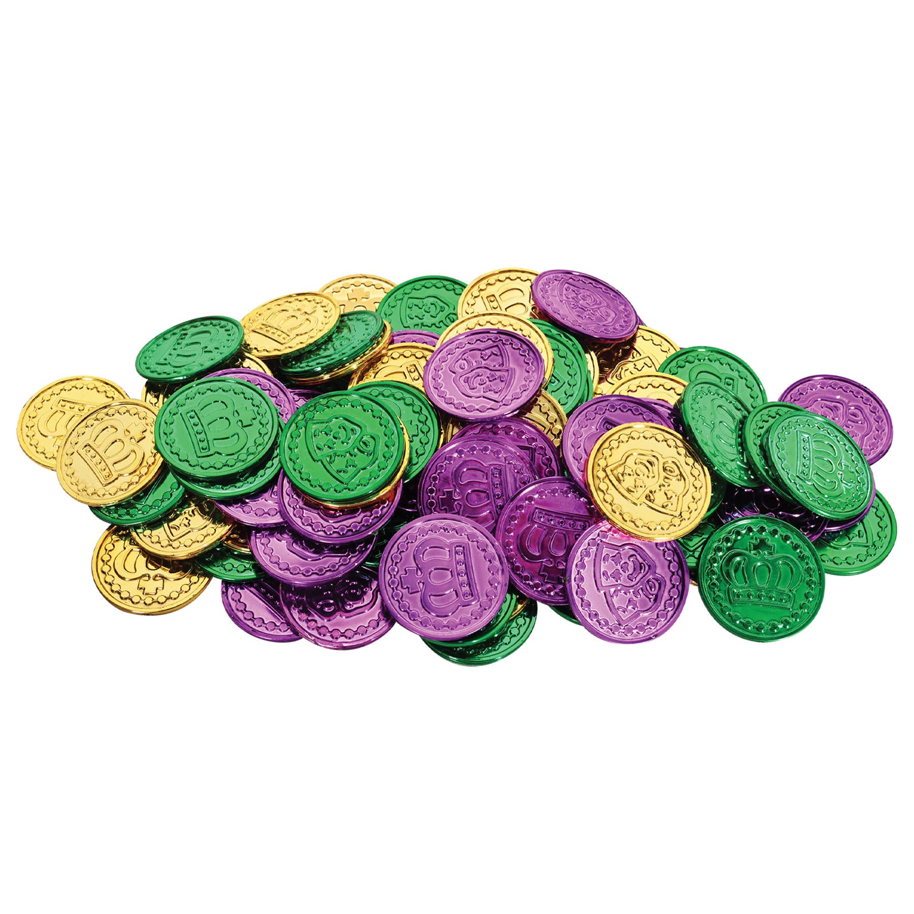 Beistle Plastic Mardi Gras Coins – 200 Pack, Molded with Embossed Design, Pirate Treasure Hunt Party Handouts, Fake Casino Theme Money in Assorted