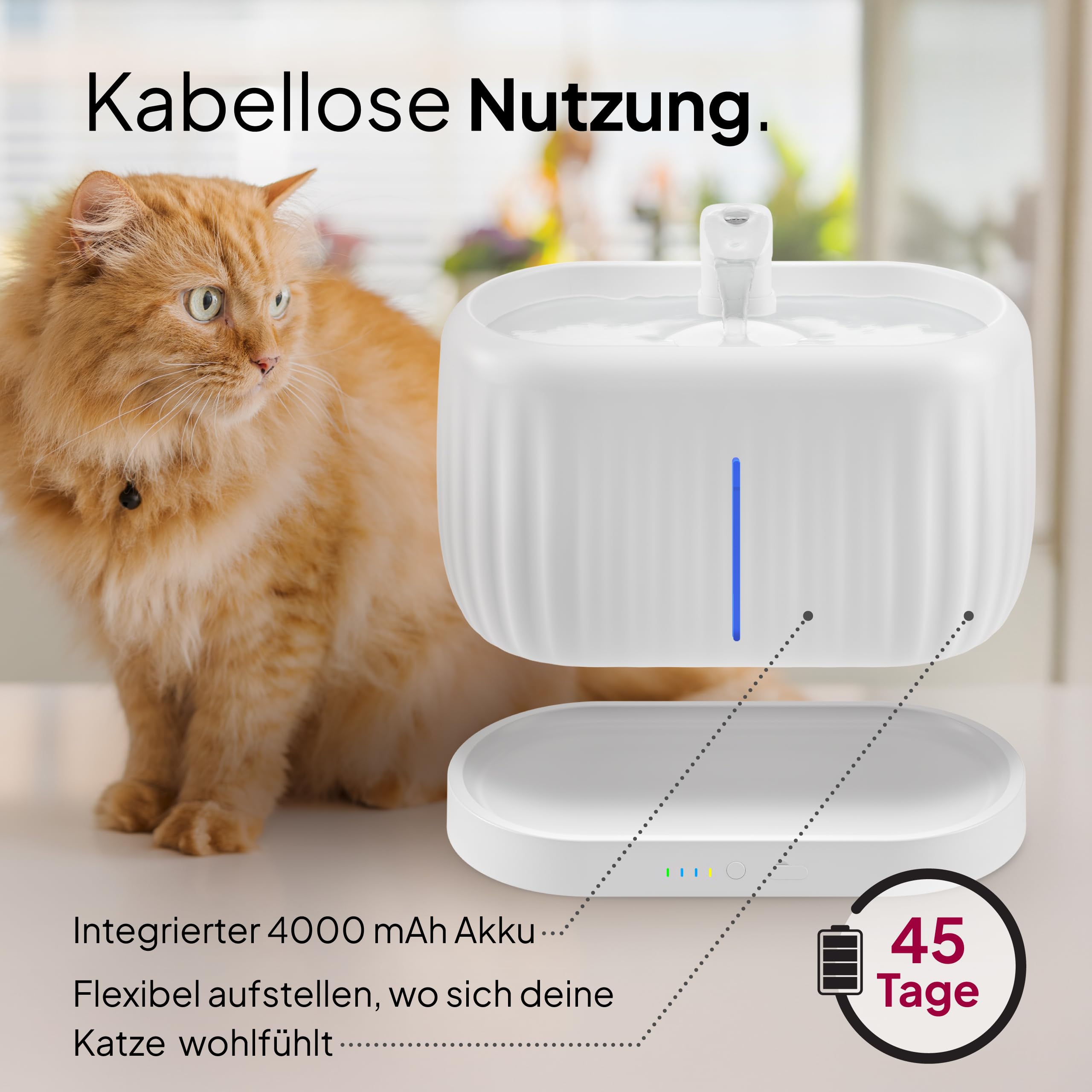 Pretty Paw Kabelloser Katzentrinkbrunnen mit Bewegungssensor, 3L – Sehr leise, Akku-Betrieb mit 3 Modi – Pure Flow Max