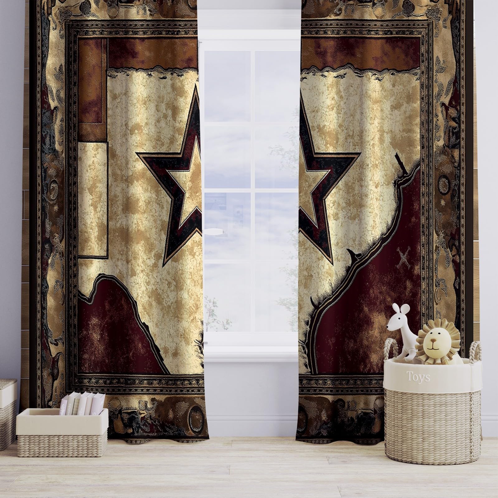 Cortinas Marrón Oscuro con Ollaos Ventana Aislantes 3D Estampado Estrellas Retro de Vaqueros del Oeste Motivos - Salón Opacas Aislantes Térmicas Cortinas Ventanas 140An x 260Al cm (2 Paneles)