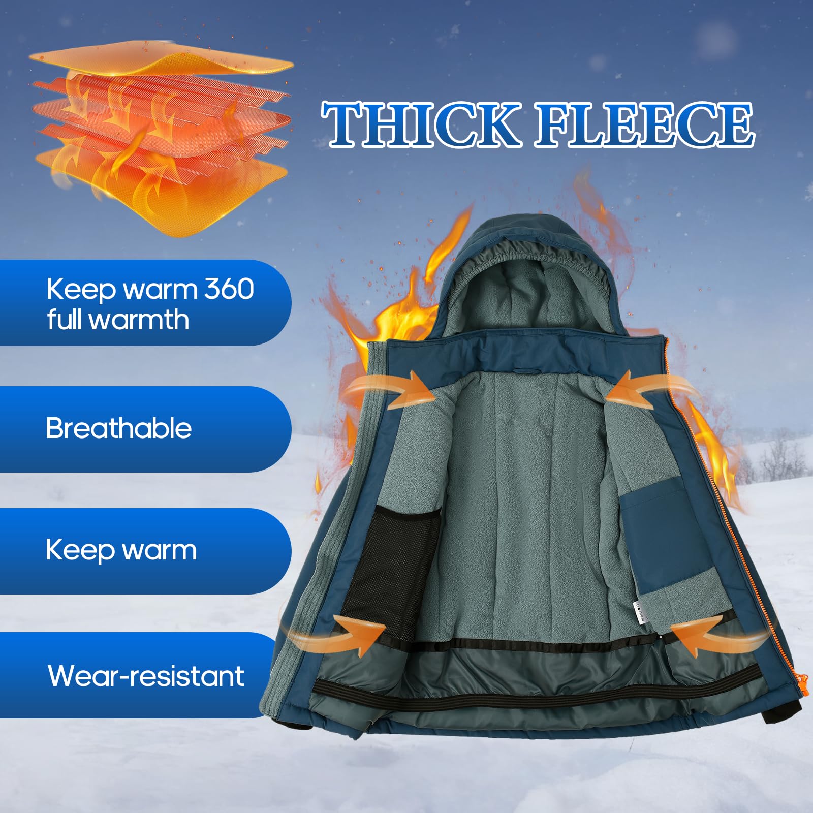 SMONTY SNOWER Giacca da neve per ragazzi con cappuccio rimovibile, giacca da sci, calore extra, cappotto invernale