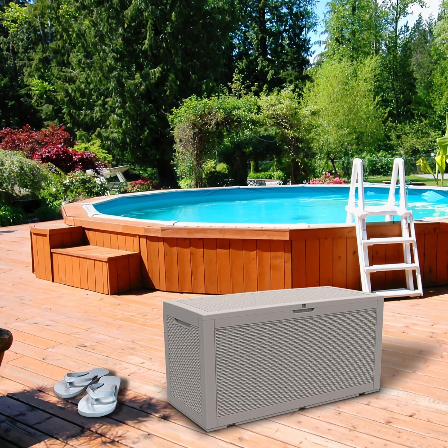 Modern-Depo 100 Gallon Deck Box Waterproof Outdoor Storage Bench Polypropylene PP Garden Tools Pool Towel Storage Bin Porch Delivery Box, Gray