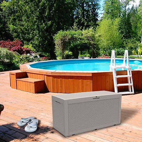 Miniatura 7 de Modern-Depo Caja de cubierta de 100 galones, impermeable, banco de almacenamiento para exteriores, resina, herramientas de jardín, toallas de