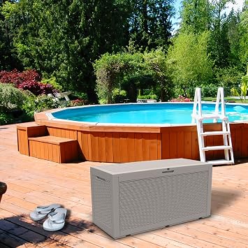 Modern-Depo 100 Gallon Deck Box Waterproof Outdoor Storage Bench | Polypropylene PP Garden Tools Pool Towel Storage Bin Porch Delivery Box, Gray