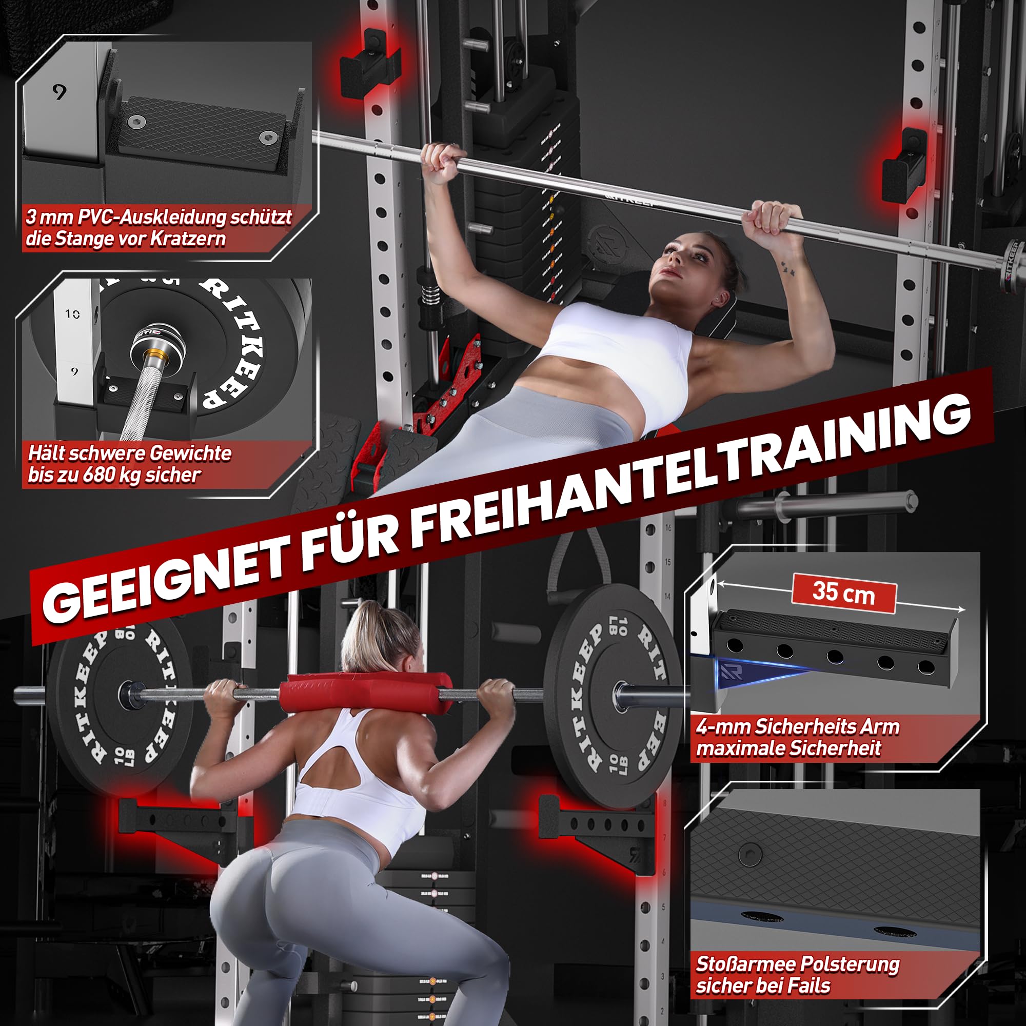 Heimtrainer Smith-Maschine mit 150 kg Gewichtsblöcken, 6-in-1 Power Rack mit Kabelzug, Klimmzug- & Dip-Station, Fitnessgerät für das Home-Gym – RitKeep PMAX-5600