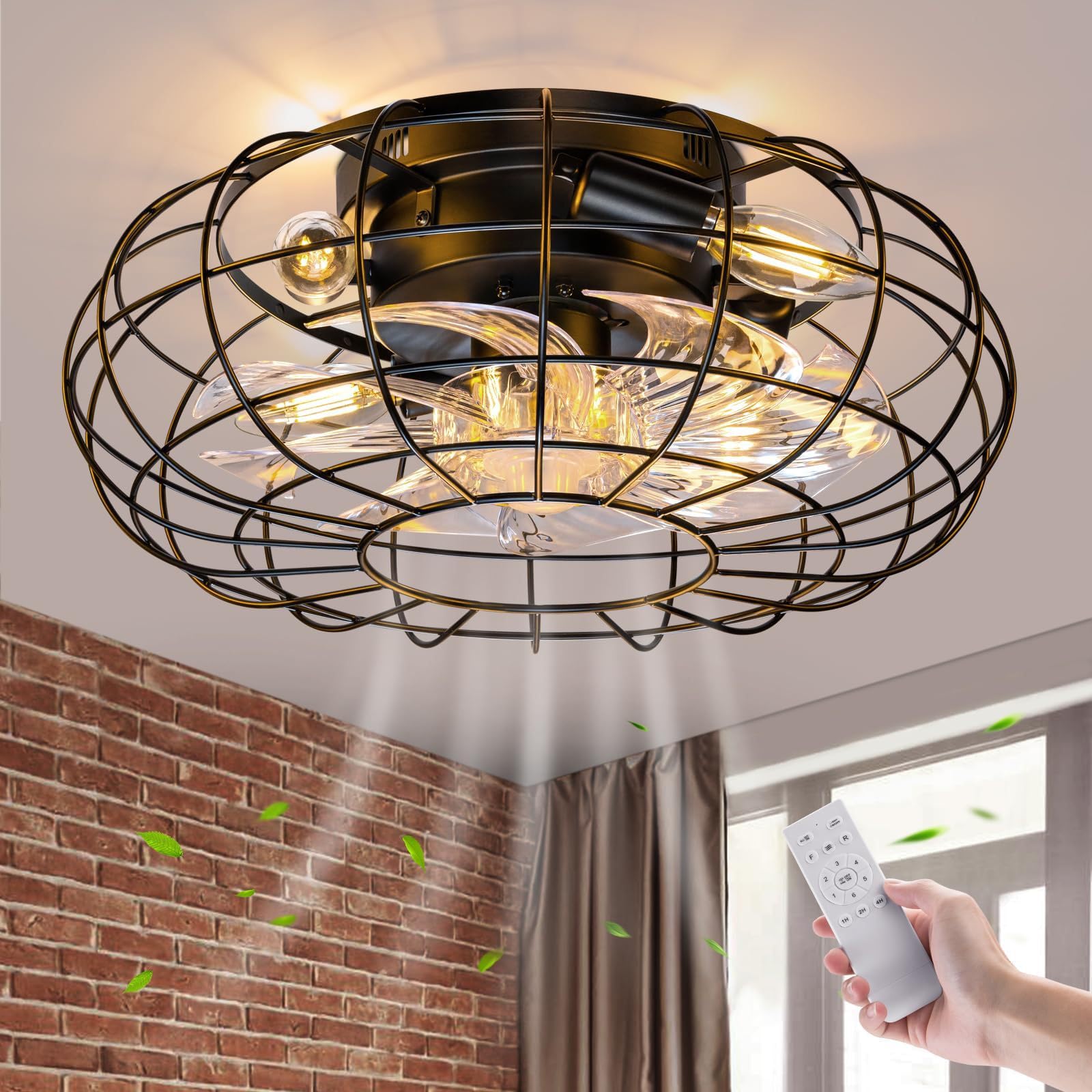 DISHENGZHEN Caged Ceiling Fan Light with Remote Control, 16" Flush Mount Industrial Farmhouse Bladeless Caged Ceiling Fan with Lights, 3 Speed Adjustable for Living Room,Bedroom,Dining Room black