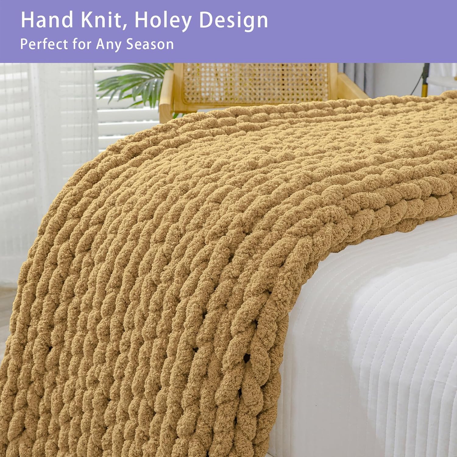 Bigacogo Chunky Knit Throw Blanket for Couch, 51x63 inches, 100% Hand Knitted with Thick Jumbo Chenille Yarn, Cozy Soft Large Rope Knot Cable Crochet Blankets for Sofa Bed Living Room, Goldenrod - Image 4