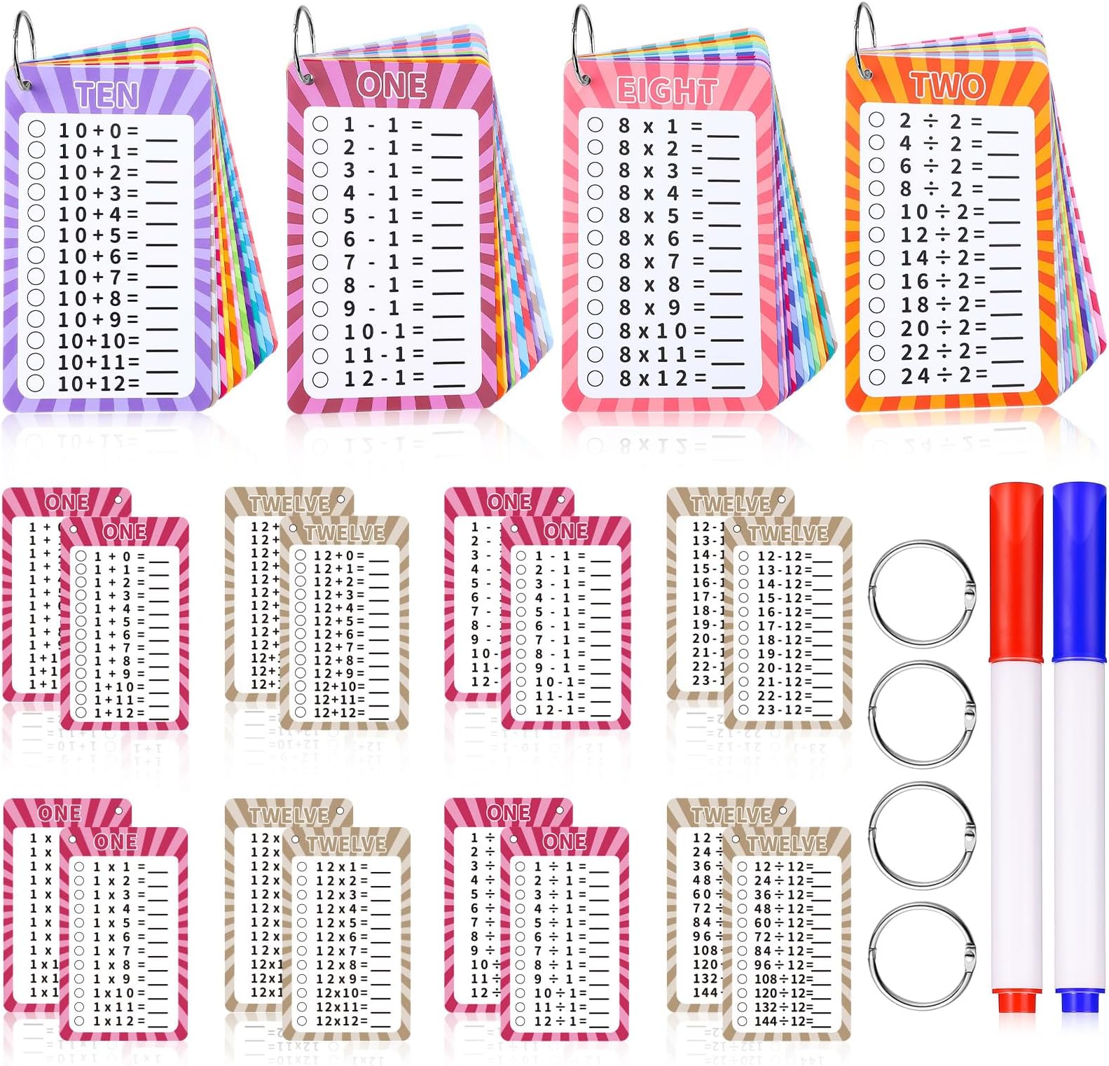 4 Packs of 49 Pcs Multi Math Flash Cards, Addition, Subtraction, Multiplication, & Division Flashcards with 2 Dry Erase Markers 4 Rings Math Games