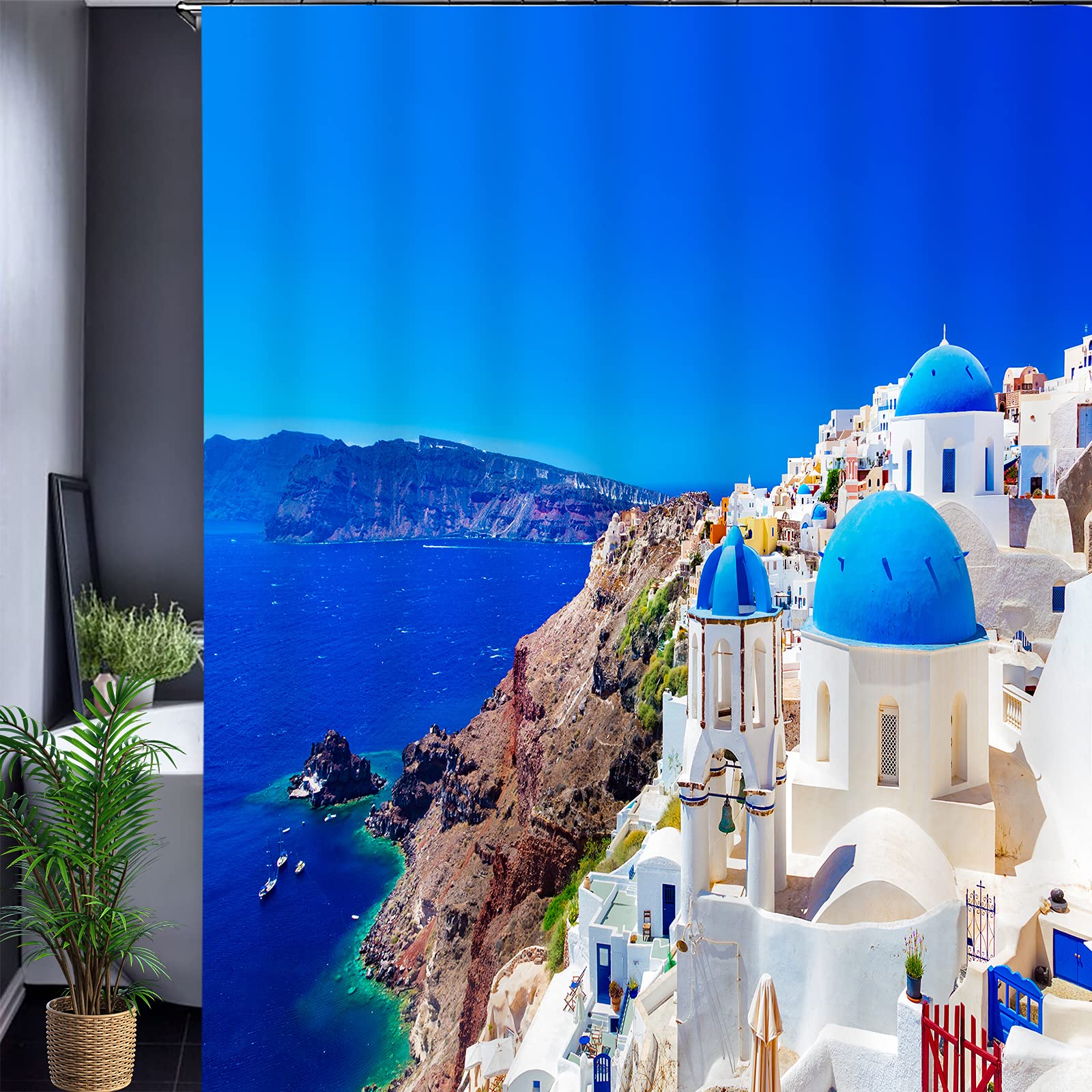 JOOCAR Bathroom Decorative, Greek Scenery Santorini White Stone Palace European City Seaside Landscape - Image 3