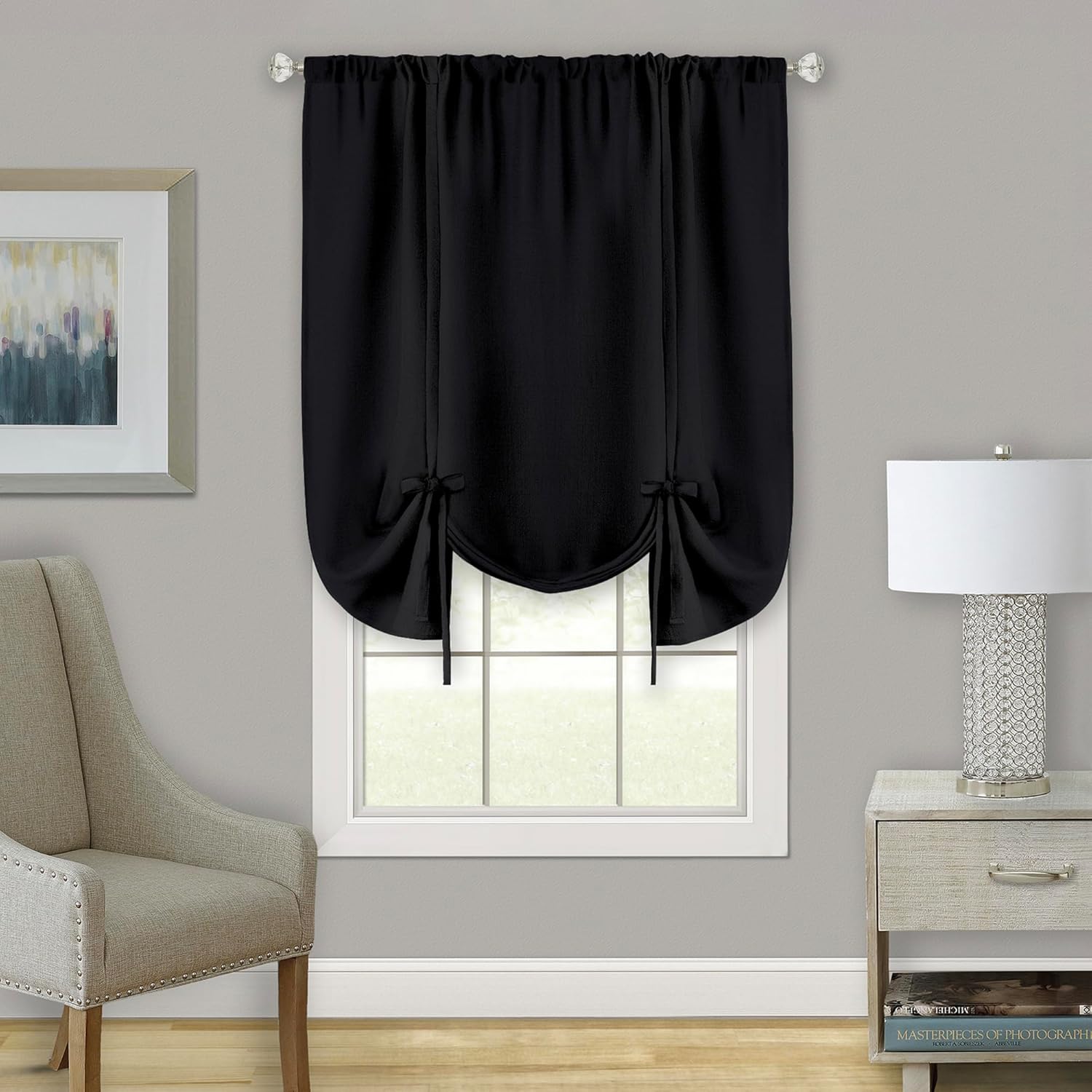 ACHIM Light Filtering Darcy Tie-Up Window Shade - 58 Inch Width, 63 Inch Length (Grey) - Machine Washable & Easy to Clean Polyester Curtain Drape for Kitchen, Living, & Dining Room Home Decor