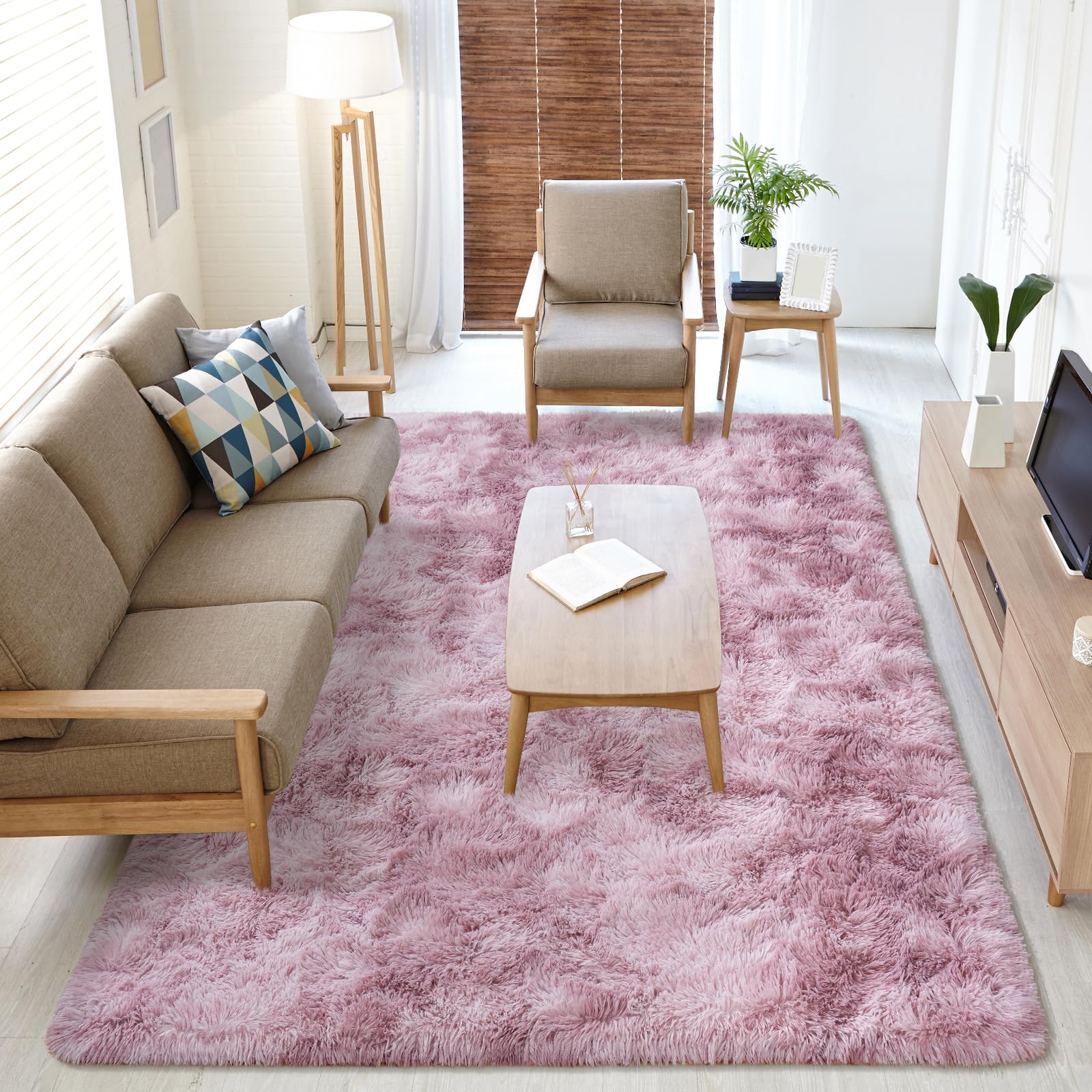 Softlife Area Rug for Living Room, 6x9 Feet Plush Fluffy Rug for Bedroom, Tie-Dyed Pink Purple Shag Rug for Aesthetic Christmas Room Decor, Soft Modern Fuzzy Faux Fur Carpet for Kids Nursery Room Dorm
