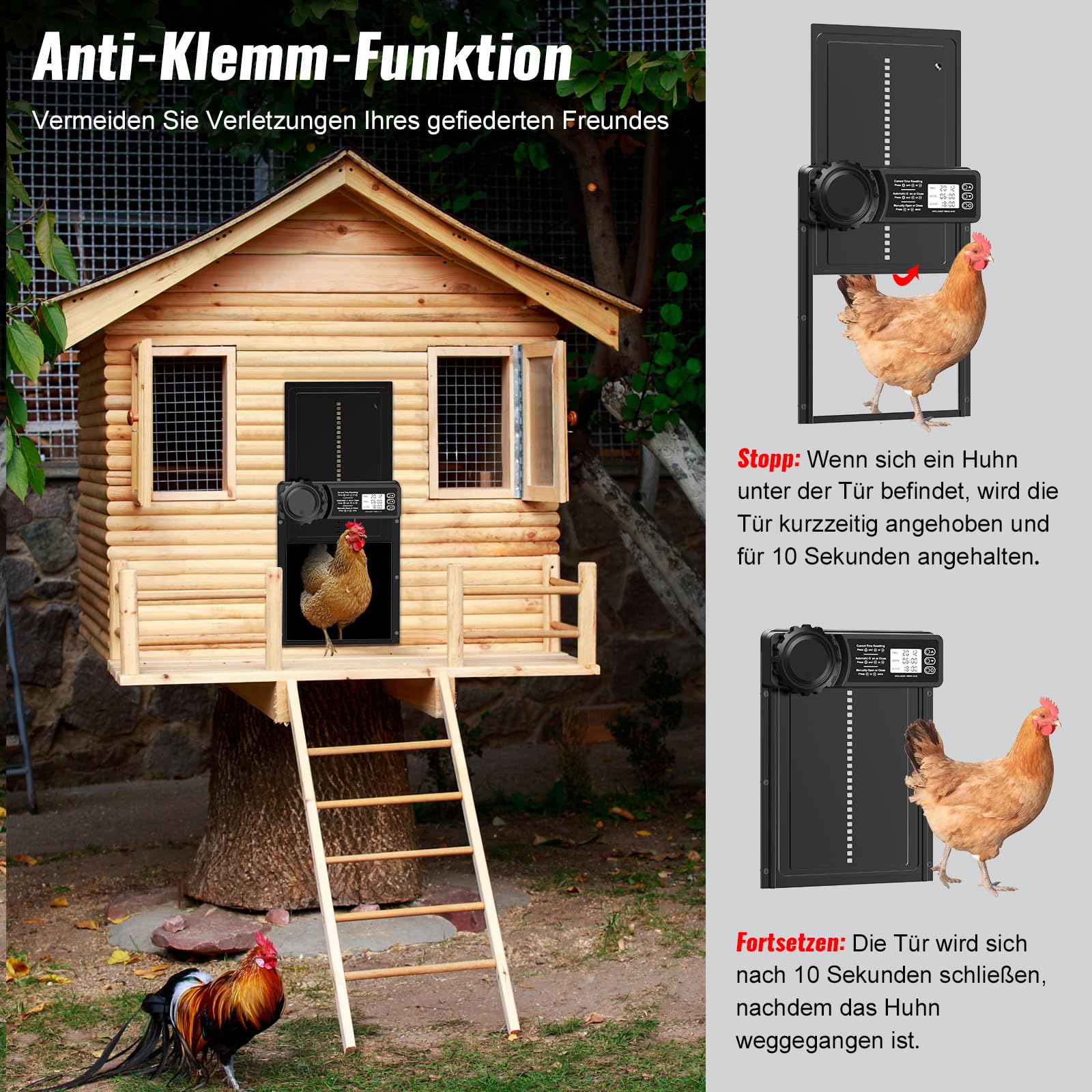 CHAMUTY Aluminum Automatische Hühnerklappe Batterie, Hühnerklappe Automatisch mit Wasserdicht Großes Display, Timer, Manuelle, Elektrische Hühnerklappe Hühnertür, Intelligenter Einklemmschutz, Schwarz