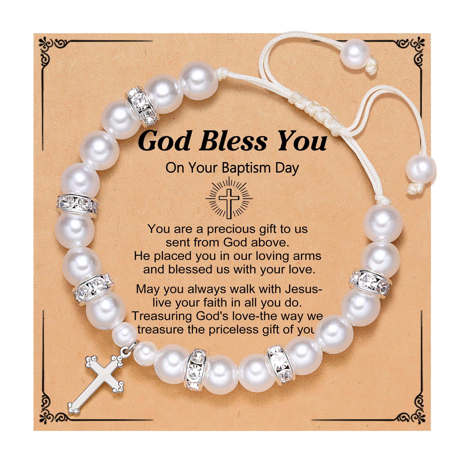 UNGENT THEM Girls Cross Pearl Bracelet-Baptism Confirmation First Communion Gifts for Girls Teens