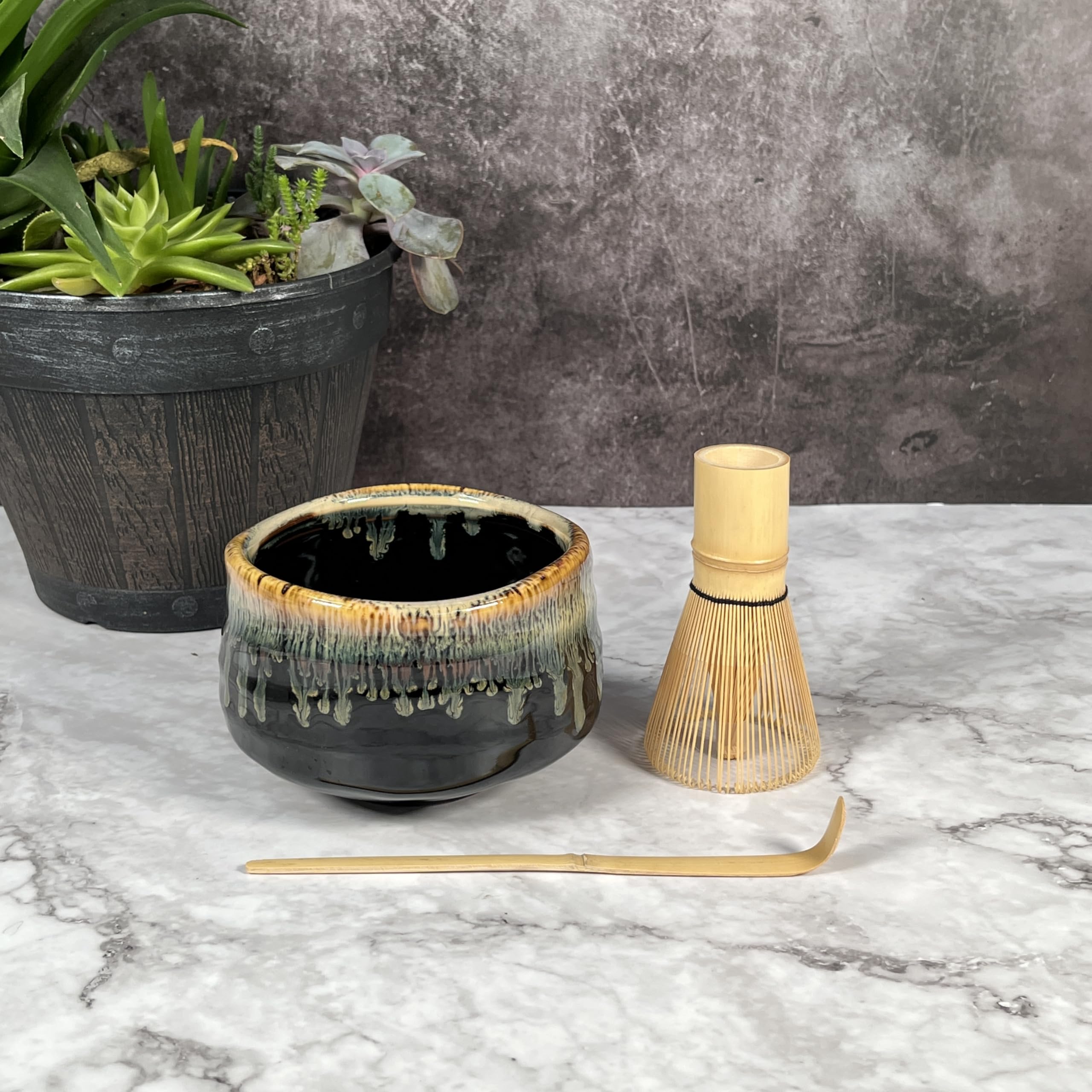 Tea Bowl Shop Black Ceramic Matcha Whisk Set, Includes Matcha Bowl, Matcha Whisk, Bamboo Scoop, 3 Pcs Matcha Kit for Matcha Lovers, Made of Ceramic