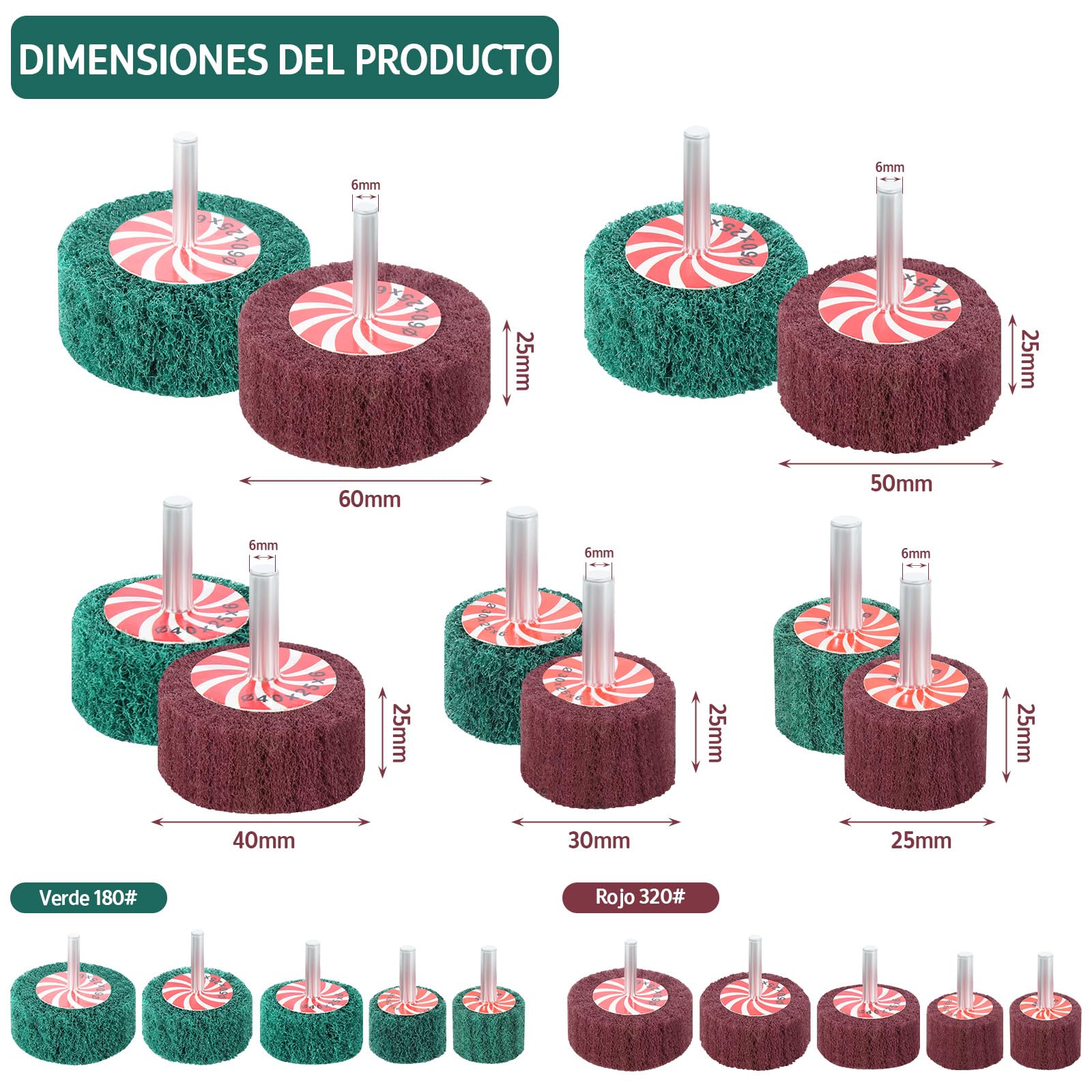 Juego de 10 Muelas Abrasivas Para Amoladoras Angulares – 5 Granos (P180 y P240), 5 Tamaños (25-60 mm) en PVC para Taladros, Atornilladores Inalámbricos y Herramientas Rotativas, Brocas de Rodillo