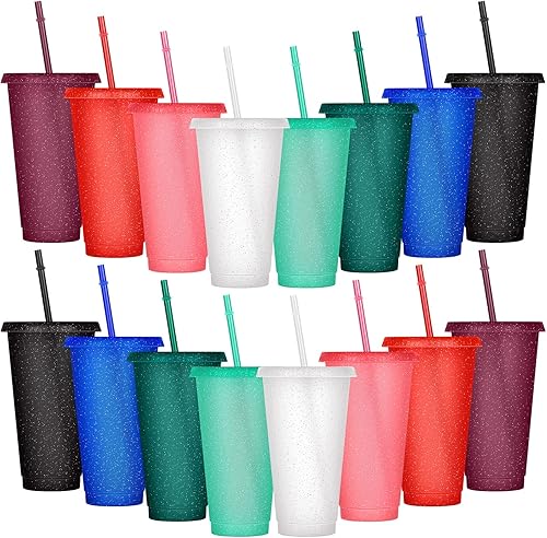 Ruisita Paquete de 16 vasos de plástico con tapas y popotes de 16 onzas reutilizables de plástico con purpurina taza de café helado taza de agua