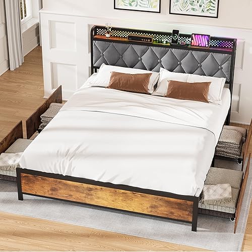 Miniatura 1 de Base de cama tamaño Queen, cabecera LED con estación de carga, cama de plataforma con 4 cajones, almohadilla de tela tapizada, sin ruido, no